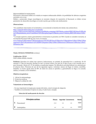 86
Hipersensibilidad al medicamento.
Fluconazol e itraconazol deben ser evitados en mujeres embarazadas debido a la posibilidad de defectos congénitos
asociados con su uso.
Debido a potenciales riesgos neurológicos en neonatos después de exposición al fluconazol, se deben revisar
parámetros de desarrollo neurológico en recién nacidos que reciben este medicamento.
Observaciones:
* En candidiasis relacionada con la dentadura, se recomienda la desinfección dental, más antimicóticos.
http://clinicalevidence.bmj.com/x/systematic-
review/1304/overview.html?utm_medium=email&utm_campaign=14017&utm_content=BMJ%20Clinical%20Evide
nce%20update&utm_term=Candidiasis%20%28oropharyngeal%29&utm_source=Adestra_BMJ%20Evidence%20Ce
ntre
* La terapia supresiva crónica generalmente es innecesaria en pacientes con VIH. Cuando se considere necesaria, se
recomienda fluconazol 100 mg, tres veces a la semana.
www.National%20Guideline%20Clearinghouse%20%20%20Clinical%20practice%20guidelines%20for%20the%20ma
nagement%20of%20candidiasis%20%202009%20update%20by%20the%20Infectious%20Diseases%20Society%20of%
20America..htm
Título: CEFALEA TENSIONAL (crónica)
Codificación CIE 10
G44.2 cefalea debida a tensión
Problema: Episodios de cefalea tipo opresiva, holocraneana, no pulsátil, de intensidad leve a moderada. De 30
minutos a 7 días de duración, durante un mes. La forma crónica con más de 15 días al mes, es de consulta rara o
poco frecuente. Afecta al 2- 3% de adultos, en particular mujeres. No dificulta la actividad laboral ni es afectada por
el esfuerzo físico. Presencia de uno de los siguientes signos o síntomas: náusea sin llegar al vómito, sonofobia,
fotofobia. La forma aguda (más de 80% de todos los casos) es episódica y generalmente no llega a la consulta
médica, es tratada a nivel doméstico.
Objetivos terapéuticos:
1. Aliviar la sintomatología
2. Evitar las recidivas
3. Mejorar la calidad de vida
Tratamiento no farmacológico:
- Es muy importante la terapia para manejo del estrés, como la terapia de relajación.
- También se recomiendan el reposo en cama, el calor local y masajes.
Selección del medicamento de elección:
Principios activos Eficacia Seguridad Conveniencia Niveles
1 Paracetamol +++ ++ ++ 1-2-3
2 Amitriptilina ++ ++ ++ 1-2-3
 