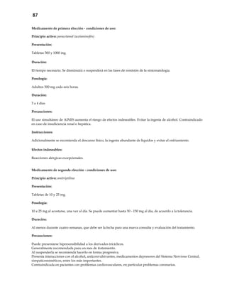 87
Medicamento de primera elección - condiciones de uso:
Principio activo: paracetamol (acetaminofén)
Presentación:
Tabletas 500 y 1000 mg.
Duración:
El tiempo necesario. Se disminuirá o suspenderá en las fases de remisión de la sintomatología.
Posología:
Adultos 500 mg cada seis horas.
Duración:
3 a 4 días
Precauciones:
El uso simultáneo de AINES aumenta el riesgo de efectos indeseables. Evitar la ingesta de alcohol. Contraindicado
en caso de insuficiencia renal o hepática.
Instrucciones:
Adicionalmente se recomienda el descanso físico, la ingesta abundante de líquidos y evitar el enfriamiento.
Efectos indeseables:
Reacciones alérgicas excepcionales.
Medicamento de segunda elección - condiciones de uso:
Principio activo: amitriptilina
Presentación:
Tabletas de 10 y 25 mg.
Posología:
10 a 25 mg al acostarse, una vez al día. Se puede aumentar hasta 50 - 150 mg al día, de acuerdo a la tolerancia.
Duración:
Al menos durante cuatro semanas, que debe ser la fecha para una nueva consulta y evaluación del tratamiento.
Precauciones:
Puede presentarse hipersensibilidad a los derivados tricíclicos.
Generalmente recomendada para un mes de tratamiento.
Al suspenderla se recomienda hacerlo en forma progresiva.
Presenta interacciones con el alcohol, anticonvulsivantes, medicamentos depresores del Sistema Nervioso Central,
simpaticomiméticos, entre los más importantes.
Contraindicada en pacientes con problemas cardiovasculares, en particular problemas coronarios.
 