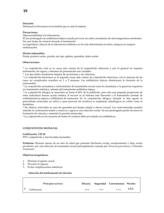 99
Duración:
Disminuir la frecuencia en la medida que se note la mejoría.
Precauciones:
Hipersensibilidad a la tobramicina.
El uso prolongado de antibióticos tópicos puede provocar un sobre crecimiento de microorganismos resistentes.
No usar lentes de contacto durante el tratamiento.
La seguridad y eficacia de la tobramicina oftálmica no ha sido determinada en niños, tampoco en mujeres
embarazadas.
Efectos indeseables:
Puede producir ardor, prurito, ojo rojo, epifora, queratitis, dolor ocular.
Observaciones:
* La conjuntivitis viral es la causa más común de la conjuntivitis infecciosa y por lo general no requiere
tratamiento, los signos y síntomas de presentación son variables.
* Los ojos deben mantenerse limpios de secreciones y sin cobertura.
* La conjuntivitis bacteriana es la segunda causa más común de conjuntivitis infecciosa, con la mayoría de los
casos no complicados resueltos en 1 a 2 semanas. Los antibióticos tópicos disminuyen la duración de la
enfermedad.
* La conjuntivitis secundaria a enfermedades de transmisión sexual como la clamidiasis y la gonorrea requieren
un tratamiento sistémico, además del tratamiento antibiótico tópico.
* La conjuntivitis alérgica se encuentra en hasta el 40% de la población, pero sólo una pequeña proporción de
estos individuos buscan ayuda médica; el escozor es el síntoma más frecuente y el tratamiento consiste de
antihistamínicos tópicos e inhibidores de mastocitos. En la conjuntivitis alérgica, durante la fase aguda se
prescribirán corticoides en colirio y para prevenir las recidivas se emplearán antialérgicos en colirio como el
ketotifeno.
* No utilizar corticoides en caso de queratitis por herpes simple o úlcera corneal. Los corticosteroides pueden
retardar la cicatrización tisular y reactivar o agravar una infección ocular. Su uso prolongado puede favorecer la
formación de catarata y aumentar la presión intraocular.
* La conjuntivitis en los usuarios de lentes de contacto debe ser tratada con antibióticos.
CONJUNTIVITIS NEONATAL
Codificación CIE 10
P39.1 conjuntivitis y dacriocistitis neonatales
Problema: Neonato menor de un mes de edad que presenta hinchazón ocular, enrojecimiento y flujo ocular
purulento, por una infección de trasmisión sexual principalmente causada por Neisseria gonorrhoeae o Chlamidia
trachomatis.
Objetivos terapéuticos:
1. Eliminar el agente causal
2. Prevenir la ceguera
3. Evitar complicaciones sistémicas
Selección del medicamento de elección:
Principios activos Eficacia Seguridad Conveniencia Niveles
1 Ceftriaxona +++ +++ + ++ 1-2-3
 