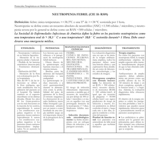 100
Protocolos Terapéuticos en Medicina Interna
NEUTROPENIA FEBRIL (CIE 10: R509)
Definición: fiebre: única temperatura >=38.3°C o una T° de >=38 ºC sostenida por 1 hora.
Neutropenia: se define como un recuento absoluto de neutrófilos (ANC) <1.500 células / microlitro, y neutro-
penia severa por lo general se define como un RAN <500 células / microlitro.
La Sociedad de Enfermedades Infecciosas de América define la fiebre en los pacientes neutropénicos como
una temperatura oral de > 38,3 ° C o una temperatura> 38,0 ° C sostenida durante> 1 Hora. Debe consi-
derarse una emergencia médica.
ETIOLOGÍA PATOGENIA
MANIFESTACIONES
CLÍNICAS
DIAGNÓSTICO TRATAMIENTO
- Neutropenia + defectos
en su función fagocítica
- Alteración de la res-
puesta celular y humoral
- Pérdida de las barreras
anatómicas (mucosa-piel)
- Fenómenos obstructi-
vos
- Disfunción del SNC
- Alteración de la flora
con colonización por flo-
ra hospitalaria.
Más del 80 % de las in-
fecciones se deben a
la flora endógena, que
suele modificarse tras la
admisión del paciente en
el hospital. Ha habido
cambios en el espectro
microbiano en las últimas
décadas. Desde los años
80 los Gram-positivos
son los más frecuentes en
la mayoría de los centros,
especialmente S. aureus
y los estafilococos coa-
gulasa negativos si los
pacientes tienen catéteres
especialmente S. aureus
y los estafilococos coa-
gulasa negativos si los
pacientes tienen catéteres
intravasculares implan-
tados. Va en aumento la
importancia
Los factores que con-
tribuyen a la patogé-
nesis de neutropenia
febril incluyen:
- Efecto directo de
la quimioterapia en
barreras mucosas y el
sistema inmune.
- Brechas entre las
defensas del huésped
relacionadas a una
malignidad.
La quimioterapia in-
duce mucositis, y a
nivel gastrointestinal
durante la alimenta-
ción existe la proba-
bilidad del paso de
gérmenes de la flora
al torrente sanguíneo.
La obstrucción de ca-
nales linfáticos, tracto
biliar, bronquial y gas-
trointestinal, urinario
por un tumor o como
resultado de una ciru-
gía también juega un
rol importante dentro
de la patogénesis de la
enfermedad.
FIEBRE.
CLÍNICA DE INFEC-
CIONES PULMONA-
RES. (NEUMONÍA)
MICOSIS ORAL
ESOFAGITIS
INFECCIONES IN-
TRAABDOMINALES.
(CANDIDIASIS HEPA-
TOESPLÉNICA – TI-
FLITIS)
INFECCIONES DEL
CATÉTER VASCULAR
MIELOSUPRESIÓN
El riesgo de infección
clínicamente importante
aumenta a medida que el
recuento de neutrófilos
cae por debajo de 500 cé-
lulas / microlitro y es ma-
yor en aquellos con una
prolongada duración de
la neutropenia (> 7 días).
Síndromes febriles neu-
tropénicos:
- Infección documen-
tada microbiológica-
mente: La fiebre neutro-
pénica con un enfoque
clínico de infección y un
patógeno asociado.
La evaluación diagnóstica
una vez que se ha inicia-
do la terapia antibacte-
riana empírica, todos los
pacientes deben tener
una historia clínica y una
exploración física detalla-
da, así como de laborato-
rio, microbiología, y los
estudios de imagen.
Hemograma completo
con fórmula leucoci-
taria: La detección de
un RAN < 500 células/
mm3, recuento absolu-
to de monocitos (RAM)
< 100 células/mm3, al
igual que un recuento
de plaquetas < 50.000
células/mm3 son signos
predictores de riesgo de
infección y muerte. Es-
tos parámetros se deben
controlar al inicio y luego
cada uno o dos días, se-
gún la condición y evolu-
ción del paciente.
Pruebas de función re-
nal: Los pacientes con
antecedente de falla renal
o aquellos que recibirán
fármacos
Terapia empírica
En todos los pacientes con
neutropenia febril, la terapia
antibacteriana empírica de
amplio espectro debe iniciar-
se inmediatamente después
de que se han obtenido culti-
vos de sangre.
Antibacterianos de amplio
espectro deben adminis-
trarse tan pronto como sea
posible (dentro de los 30
-60 minutos de triaje) y en
dosis completas, ajustado a
la función renal y / o hepá-
tica. Además, la evaluación
diagnóstica debe obtenerse
rápidamente.
El objetivo de la terapia em-
pírica es cubrir los patóge-
nos más probables y más vi-
rulentos que pueden causar
rápidamente infección grave
o potencialmente mortal en
pacientes neutropénicos.
● Los antibióticos se admi-
nistran por lo general em-
píricamente, pero deben in-
cluir siempre una cobertura
adecuada de las infecciones
que se sospecha.
 