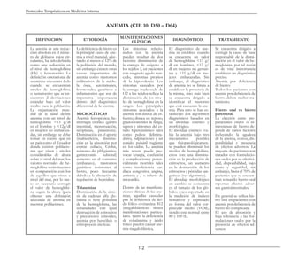112
Protocolos Terapéuticos en Medicina Interna
ANEMIA (CIE 10: D50 – D64)
DEFINICIÓN ETIOLOGÍA
MANIFESTACIONES
CLÍNICAS
DIAGNÓSTICO TRATAMIENTO
La anemia es una reduc-
ción absoluta en el núme-
ro de glóbulos rojos cir-
culantes, ha sido definida
como una reducción en
el nivel de hemoglobina
(Hb) o hematocrito. La
definición operacional de
anemia se encuentra dada
cuando se encuentran
niveles de hemoglobina
o hematocrito que se en-
cuentran 2 desviaciones
estándar bajo del valor
medio para la población.
La organización mun-
dial de la salud define
anemia con un nivel de
hemoglobina <13 g/dl
en el hombre y <12g/dl
en mujeres no embaraza-
das, sin embargo se debe
tomar en cuenta que en
un país como el Ecuador
donde existen poblacio-
nes que viven a niveles
considerables de altura
sobre el nivel del mar, los
valores normales de he-
moglobina serán mayores
en comparación con los
de aquellos que viven a
nivel del mar, por lo tan-
to es necesario corregir
el valor de hemoglobi-
na según la altura (para
obtener una definición
adecuada de anemia en
nuestras poblaciones.
La deficiencia de hierro es
la principal causa de ane-
mia a nivel mundial, afec-
tando al menos al 12% de
la población del mundo,
sin embargo existen otras
causas importantes de
anemia como trastornos
infiltrativos de la médu-
la ósea, autoinmunes,
hormonales, genéticos e
inflamatorios que son de
imperativa importancia
dentro del diagnóstico
diferencial de la anemia.
MICROCÍTICAS
Anemia ferropénica; he-
morragia crónica (gastro
intestinal, menstruación,
neoplasias, parasitosis).
Disminución en el aporte
(malnutrición, disminu-
ción en la absorción por
esprúe celíaco, Crohn,
aumento del pH gástrico.
gastrectomía subtotal)
aumento en el consumo
(embarazo), trastornos
genéticos resistentes al
hierro, poco frecuente
debido a la alteración de
regulación de hepcidina.
Talasemias
Disminución de la sínte-
sis de cadenas alfa glo-
bulina o beta globulina
de la hemoglobina, las
subunidades con igual
destrucción de eritrocitos
y precursores eritroides,
anemia por hemólisis o
eritropoyesis ineficaz.
Los síntomas relacio-
nados con la anemia
pueden resultar de dos
factores: disminución de
la entrega de oxígeno a
los tejidos y, en pacientes
con sangrado agudo mar-
cado, síntomas propios
de la hipovolemia. Los
síntomas causados por
la entrega inadecuada de
O2 a los tejidos refleja la
disminución de los nive-
les de hemoglobina en la
sangre. Los principales
síntomas asociados a la
anemia son disnea de es-
fuerzo, disnea en reposo,
grados variables de fatiga,
signos y síntomas del es-
tado hiperdinámico tales
como pulsos delimita-
dores, palpitaciones y un
sonido pulsátil rugiente
en los oídos. La anemia
más severa puede pro-
vocar letargia, confusión
y complicaciones poten-
cialmente mortales tales
como insuficiencia car-
díaca congestiva, angina,
arritmia y / o infarto de
miocardio.
Dentro de las manifesta-
ciones clínicas de las ane-
mias, aquellas causadas
por la deficiencia de áci-
do fólico o vitamina B12
(megaloblásticas) tienen
manifestaciones particu-
lares. Tanto la deficiencia
de cobalamina y ácido
fólico pueden causar ane-
mia megaloblástica,
El diagnóstico de ane-
mia se establece cuando
se encuentra un valor
de hemoglobina <13 g/
dl en hombres, <12 g/
dl en mujeres no gestan-
tes y <11 g/dl en mu-
jeres embarazadas. Sin
embargo, el diagnóstico
de anemia no se limita a
establecer la presencia de
la misma, sino más bien
se encuentra dirigido a
identificar el trastorno
que está causando la ane-
mia. Para esto se han es-
tablecido dos algoritmos
diagnósticos basados en
un abordaje cinético y
morfológico.
El abordaje cinético eva-
lúa la anemia bajo tres
mecanismos posibles
que fisiopatológicamen-
te pueden disminuir los
niveles de hemoglobina,
estos son: una disminu-
ción en la producción de
eritrocitos, un aumento
en la destrucción de los
eritrocitos y pérdidas san-
guíneas (ver algoritmo).
El abordaje morfológico
en cambio se concentra
en el tamaño de los gló-
bulos rojos reportado en
la medición de índices
hemáticos y expresado
en forma del valor cor-
puscular medio (VCM),
siendo este normal entre
80 y 100 fL.
Se encuentra dirigido a
corregir la causa de base
responsable de la dismi-
nución en el valor de he-
moglobina, por tal razón
es de vital importancia
establecer un diagnóstico
preciso.
Anemia por deficiencia
de hierro:
Todos los pacientes con
anemia por deficiencia de
hierro deben recibir tra-
tamiento.
Hierro oral vs hierro
parenteral.
La elección entre pre-
paraciones orales o in-
travenosas de hierro de-
pende de varios factores
incluyendo la agudeza
de la anemia, costos, dis-
ponibilidad y presencia
de efectos adversos. La
mayoría de pacientes son
tratados con formulacio-
nes orales por su efectivi-
dad, disponibilidad, bajo
costo y seguridad, sin
embargo, hasta el 70% de
pacientes que se encuen-
tran tomando hierro oral
reportan efectos adver-
sos gastrointestinales.
En general se utiliza hie-
rro oral en pacientes con
anemia por deficiencia de
hierro no complicada.
El uso de absorción y
baja tolerancia a las for-
mulaciones orales por la
presencia de efectos ad-
versos
 