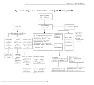 115
Héctor Ortega C. MD, MSc, PhD (c).
Algoritmo de Diagnóstico Diferencial de Anemia por la Morfología VCM
HB < 13 Hombres
HB < 12 Mujeres
VCM NORMAL
80 - 100 fl
VCM < 80
Estudios de Hierro
Ferritina Baja
<15ng/ml +
Hierro Sérico
bajo +
Transferrina
Alta
Ferritina
Normal o Alta
+ Hierro Sérico
bajo +
Transferrina
Normal o baja
Ferritina Normal o
Alta + Hierro
Sérico Normal o
Alto + Transferrina
Baja, Normal o
Alta
Anemia por
Deficiencia de
Hierro
Anemia de
Enfermedad
Crónica:
Infección,
Inflamación,
Malignidad
Sobrecarga de Hierro
+ Siderocitos en
Frotis de sangre
Periférica +
Sideroblastos en
Médula
Anemia
Sideroblástica
Talasemia Alfa o Beta,
Hacer Electroforesis
Células en forma de
lágrimas + células
objetivo + espleno-
megalia + antecedente
familiar
Se require pruebas adicionales como:
1. Examinación frotis periférico
2. Presencia de Hemólisis ( LDH
alta+ Bilirrubina Indirecta alta +
Haptoglobina baja, IPR>2).
3. Presencia de Hemorragia activa
4. Supresión Medular ( <reticulocitos)
5. Enfermedad Renal Crónica
(Creatinina alta)
VCM > 100 fL
Características
Displásicas +
Citopenias
Presentes
Síndrome
Mielodisplásico
B12 BAJA +
METILMALONATO ALTO
+ HOMOCISTEÍNA ALTA
DEFICIENCIA DE B12:
DETERMINAR CAUSA
Niveles de B12 y
Folato Séricos
Metil Malonato
Homocisteína
Otras Causas:
- Reticulocitos
Aumentados
- Enfermedad
Hepática
- Hipotiroidismo
- Fármacos
FOLATO BAJO +
METILMALONATO
BAJO + HOMOCISTEÍ-
NA ALTA
DEFICIENCIA DE FOLATO:
DETERMINAR CAUSA
 