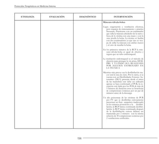 138
Protocolos Terapéuticos en Medicina Interna
ETIOLOGÍA EVALUACIÓN DIAGNÓSTICO INTERVENCIÓN
Máscara-válvula-bolsa:
Logra oxigenación y ventilación efectivas,
pero requiere de entrenamiento y práctica
frecuente. Practicarse con un reanimador
que sella la máscara alrededor de la nariz y
boca de la víctima con una mano y con la
otra insufla la bolsa. La técnica se facilita
con dos reanimadores ya que uno se ocu-
pa de sellar la máscara con ambas manos
y el otro de insuflar la bolsa.
En los primeros minutos de la RCP la más-
cara-válvula-bolsa es igual de efectiva y
segura que un tubo endotraqueal.
La intubación endotraqueal es el método de
elección para proteger la vía aérea, SIEM-
PRE Y CUANDO SEA REALIZADA
POR ALGUIEN ENTRENADO EN
LA TÉCNICA
Mientras más precoz sea la desfibrilación ma-
yor será la tasa de éxito. Por lo tanto, si se
cuenta con un Desfibrilador Externo Au-
tomático (DEA) presente desde el inicio
de las maniobras este debe ser utilizado
apenas se haya confirmado el PCR, la ex-
cepción está dada por los PCR de más de
5 minutos de duración estos se benefician
de compresiones torácicas por un par de
minutos antes de la descarga.
Un alto porcentaje de las víctimas de PCR
por FV que se desfibrilan exitosamente
presentan un flujo sanguíneo inadecuado
en los minutos posteriores a la desfibri-
lación, la RCP básica continuada desfibri-
lación, la RCP básica continuada después
de la desfibrilación exitosa debiera ser
mantenida por 2 minutos con la misma
relación de 30 compresiones torácicas por
2 ventilaciones artificiales.
 