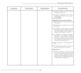 141
Héctor Ortega C. MD, MSc, PhD (c).
ETIOLOGÍA EVALUACIÓN DIAGNÓSTICO INTERVENCIÓN
Si presencia de ondas P se puede utilizar el
marcapasos transcutáneo.
Si hay dudas en el diagnóstico entre FV fina y
asistólia, trate al paciente como un ritmo
no desfibrilable.
¡NO DESFIBRILE!
FÁRMACOS DE ACCESO VENOSO
Vasopresores aumentan la perfusión cerebral
y miocárdica.
Adrenalina: fármaco de primera elección. Por
sus efectos:
Alfa adrenérgico: vasoconstricción, aumento
de la presión cerebral y miocárdica, el ele-
vado flujo sanguíneo cardíaco mantiene y
aumenta la morfología de la onda FV.
Beta adrenérgico: inotrópico/cronotrópico
aumentan el flujo sanguíneo cerebral y
miocárdico, aunque pueden aumentar
el consumo de oxígeno, arrítmias (sobre
todo en miocardio acidótico) e hipoxemia
transitoria (shunt pulmonar AV).
Indicada si persiste FV/ TVSP después de 2
DF.
Dosis: 1 mg IV cada 3-5 minutos. Cuidado en
pacientes intoxicados con cocaína.
Antiarrítmicos
Amiodarona: Estabilizan la membrana celu-
lar, aumenta la duración del potencial de
acción y el periodo refractario auriculo-
ventricular. Tienen moderada acción ino-
trópica negativa (vasodilatación periféri-
ca). Puede provocar hipotensión.
 