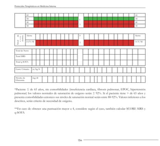 154
Protocolos Terapéuticos en Medicina Interna
60
1
3
60
50 50
40 40
30 30
Nivel
de
c
o
n
-
ciencia
Alerta 0
3
Alerta
O/V/M O/V/M
Total de News
Total SIRS
Total q-SOFA
Gasto Urinario cc/kg/h
Niveles de
Glucemia
mg/dl
*Paciente ≤ de 65 años, sin comorbilidades (insuficiencia cardíaca, fibrosis pulmonar, EPOC, hipertensión
pulmonar) los valores normales de saturación de oxígeno serán ≥ 92%. Si el paciente tiene > de 65 años y
presenta comorbilidades entonces sus niveles de saturación normal serán entre 88-92%. Valores inferiores a los
descritos, serán criterio de necesidad de oxígeno.
**En caso de obtener una puntuación mayor a 4, considere según el caso, también calcular SCORE SIRS y
q-SOFA
 