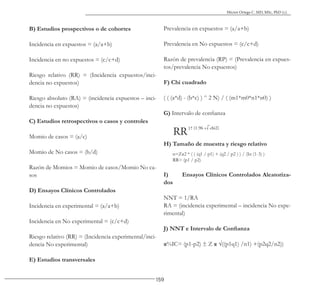 159
Héctor Ortega C. MD, MSc, PhD (c).
B) Estudios prospectivos o de cohortes
Incidencia en expuestos = (a/a+b)
Incidencia en no expuestos = (c/c+d)
Riesgo relativo (RR) = (Incidencia expuestos/inci-
dencia no expuestos)
Riesgo absoluto (RA) = (incidencia expuestos – inci-
dencia no expuestos)
C) Estudios retrospectivos o casos y controles
Momio de casos = (a/c)
Momio de No casos = (b/d)
Razón de Momios = Momio de casos/Momio No ca-
sos
D) Ensayos Clínicos Controlados
Incidencia en experimental = (a/a+b)
Incidencia en No experimental = (c/c+d)
Riesgo relativo (RR) = (Incidencia experimental/inci-
dencia No experimental)
E) Estudios transversales
Prevalencia en expuestos = (a/a+b)
Prevalencia en No expuestos = (c/c+d)
Razón de prevalencia (RP) = (Prevalencia en expues-
tos/prevalencia No expuestos)
F) Chi cuadrado
( ( (a*d) - (b*c) ) ^ 2 N) / ( (m1*m0*n1*n0) )
G) Intervalo de confianza
H) Tamaño de muestra y riesgo relativo
I) Ensayos Clínicos Controlados Aleatoriza-
dos
NNT = 1/RA
RA = (incidencia experimental – incidencia No expe-
rimental)
J) NNT e Intervalo de Confianza
α%IC= (p1-p2) ± Z α √((p1q1) /n1) +(p2q2/n2))
n=Zα2 * ( ( (q1 / p1) + (q2 / p2 ) ) / (In (1-3) ) 2)
RR= (p1 / p2)
 