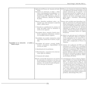 173
Héctor Ortega C. MD, MSc, PhD (c).
Seguridad en la valoración al adulto y
adulto mayor.
Aplicación del Proceso de Atención de Enfer-
mería.
Valoración de enfermería al adulto y adulto
mayor, determinación de problemas e in-
terrelaciones NANDA, NOC Y NIC. uti-
lizando la guía PIE. (Problemas, Interven-
ciones, Evaluación). (Martínez M, Muñoz
M ,2016)
Objetivo: Identificar problemas reales y po-
tenciales que estén afectando la salud del
adulto y adulto mayor.
1.-Tomando en consideración los criterios de
riesgo del adulto mayor la valoración se
centra en tres aspectos:
-Necesidades físicas: nutrición, función circu-
latoria, respiratoria, hidratación, continen-
cia, movilidad, función cognitiva.
-Necesidades sico-sociales: interacción social,
autoestima, actitud ante la muerte y la pér-
dida.
-Necesidades del entorno: vivienda, familia,
recursos económicos, disponibilidad de
servicios de salud.
2.-Identificacíón de los problemas.
3.-Determinación y ejecución de las interven-
ciones (plan de cuidados)
4- Evaluación del cuidado.
Durante el desarrollo del proceso de atención
de enfermería, los informes se los hace en
forma mandatoria al ingreso y al egreso del
paciente, y de acuerdo al estado del pacien-
te las veces que sea necesario.
El Proceso de Atención de Enfermería (PAE)
es la aplicación del método científico en la
práctica asistencial que nos permite a los
profesionales prestar los cuidados que de-
mandan el paciente, la familia y la comu-
nidad de una forma estructurada, homo-
génea, lógica y sistemática. (Metodología
PAE, 2017)
Existen varios modelos para desarrollar el cui-
dado de enfermería; en el Hospital Alfredo
Noboa Montenegro, el Comité de Educa-
ción de la Unidad de Enfermería realizó la
sistematización del Proceso de Atención,
utilizando los modelos de dos enfermeras
teóricas: Patrones Funcionales de Marjory
Gordon y necesidades básicas de Virginia
Henderson
Se elaboró una guía para que la enfermera/o
realice la valoración; enlace los diagnósti-
cos de enfermería con los criterios de re-
sultado (NOC) y las intervenciones enfer-
meros (NIC) completando el Proceso de
Atención.
El informe de la aplicación del PAE por la
enfermera/o lo redacta en el formulario
respectivo de la historia clínica del paciente
utilizando la nemotecnia PIE: Problemas,
Intervenciones y Evaluación. Este método
permite elaborar el plan de cuidados y los
informes de enfermería al ingreso, durante
la estancia y al egreso del paciente. (Martí-
nez M, Muñoz M (2016)
Las interrelaciones entre las etiquetas diagnós-
ticas NANDA, los Criterios de Resultados
NOC y las Intervenciones NIC, no son
más que la relación entre el problema, real
o potencial que hemos detectado en el pa-
ciente y los aspectos de ese problema que
se intentan o esperan solucionar mediante
una o varias intervenciones enfermeras de
las que también se desplegarán una o más
actividades necesarias para la resolución del
problema. (Metodología PAE, 2017)
 