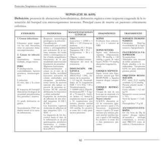 92
Protocolos Terapéuticos en Medicina Interna
SEPSIS (CIE 10: A419)
Definición: presencia de alteraciones hemodinámicas, disfunción orgánica como respuesta exagerada de la in-
teracción del huésped con microorganismos invasores. Principal causa de muerte en pacientes críticamente
enfermos.
ETIOLOGÍA PATOGENIA
MANIFESTACIONES
CLÍNICAS
DIAGNÓSTICO TRATAMIENTO
1. Causas infecciosas:
Gérmenes gram negati-
vos los más frecuentes,
virus en pacientes inmu-
nocomprometidos
2. Causas no infeccio-
sas:
Quemaduras, trauma
múltiple, cirugía mayor.
PIRO
P: predisposición
comorbilidades, factores
genéticos, inmunosupre-
sión
I: infección
El sitio, tipo y la exten-
sión
R: respuesta del huésped
Marcadores biológicos de
severidad: procalcitonina,
IL6, proteína C reactiva.
O: grado disfunción or-
gánica.
Neutralización TNF me-
diador inicial en la casca-
da inflamatoria.
Respuesta inmunológica
patológica a la infección
Vasodilatación
Ocasionado por el óxido
nítrico y prostaglandinas
por activación de la en-
zima sintetasa del óxido
nítrico y cicloxigenasa so-
bre el ácido araquidónico
Incremento de la per-
meabilidad microvascular
Exudación de proteínas
Migración leucocitaria
Hemoconcentración y
estasis en el sitio de la
injuria facilita movilidad
leucocitos activación de
células endoteliales por
citoquinas proinflama-
torias factor de necrosis
tumoral alfa induce ex-
presión de proteínas se-
lectinas SE-SP uniendo
débilmente los leucocitos
a célula endotelial
Expresión de moléculas
de adhesión de alta afini-
dad integrinas ICAM-1,
ICAM-2
Los leucocitos expresan
moléculas de adhesión de
tipo integrinas LFA -1 y
MAC -1
La migración de los leu-
cocitos hacia el sitio de
la inflamación se da por
quimioquinas, productos
bacterianos y compo-
nentes del complemento
IL8-LPS-C5
SIRS:
Leucocitos > 12000 o <
4000 o > 10% formas in-
maduras
Taquicardia FC> 90 lpm
Taquipnea: FR > 20 x´
Temperatura: > 38 o <
36 °C
Oliguria o anuria
Palidez-frialdad cutánea
Alteración del nivel de
conciencia
DISFUNCIÓN OR-
GÁNICA
Hipoxemia arterial
(PaO2/Fio2 <200), Au-
mento de la creatinina
> 0,5 mg/dl, Anormali-
dades de la coagulación
INR > 1,5 o TTp > 60 s,
Trombocitopenia
< 100000 mm3, Hiperbi-
lirrubinemia BT > 4 mg/
dl o 70 mmol/L, Acido-
sis láctica >2 mmol/lt,
respiratoria mayor o igual
a 22 respiraciones por
minuto, presión arterial
sistólica menor o igual a
100 mmHg. Es positivo
si están dos o más pará-
metros presentes.
SEPSIS
Evidencia foco infeccio-
so y 2 o + criterios de
SIRS
SEPSIS SEVERA
Sepsis más disfunción
orgánica (Hipotensión,
TAS< 90 mmHg o <40
mmHg a partir de valor
basal o PAM <70 mmHg
alteración coagulación,
renal)
CHOQUE SÉPTICO
Sepsis severa más hipo-
tensión arterial que NO
RESPONDE a líquidos
requiere drogas vasopre-
soras.
CHOQUE REFRAC-
TARIO
Choque de más de una
hora que no responde a la
intervención terapéutica
Nuevo criterio:
Q-SOFA: alteración ni-
vel de conciencia (glas-
gow menor o igual a 13),
frecuencia respiratoria
mayor o igual a 22 respi-
raciones por minuto, pre-
sión arterial sistólica me-
nor o igual a 100 mmHg.
Es positivo si están dos
o más parámetros pre-
sentes.
SOPORTE HEMODI-
NÁMICO
Cristaloides 30ml/kg,
reversibilidad de la hipo-
tensión e hipoperfusión
INOTRÓPICO-VA-
SOPRESOR
Norepinefrina
Adrenalina ante necesita
de doble vasopresor
Puede añadirse a la no-
radrenalina Vasopresina
0,03U/m para aumentar
presión arterial
OBJETIVOS REANI-
MACIÓN
PVC entre 8-12 mmHg
ventilado 12-15 mmHg
Presión arterial media >
65 mmHg
Gasto urinario > 0,5 ml/
kg/H
Saturación venosa central
> 70%
Nivel de lactato < 2 mE-
q/l
Hemoglobina 7-9 g/dl
ANTIBIOTICOTE-
RAPIA
En 1ra hora de Dg de
sepsis/ choque séptico
de acuerdo a etiología
comunitaria o nosoco-
mial PREVIA toma de
cultivos, 2 hemocultivos.
 