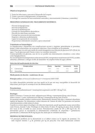 98                                           PROTOCOLOS TERAPÉUTICOS

Objetivos terapéuticos:

1. Tratar las infecciones y prevenir el desarrollo de la sepsis.
2.	 Tratar o prevenir la hipoglucemia y la hipotermia.
3.	 Corregir las carencias de macronutrientes esenciales y micronutrientes (vitaminas y minerales).

PRINCIPIOS GENERALES DEL TRATAMIENTO SISTÉMICO:

-	   Prevenir la hipoglucemia
-	   Prevenir la hipotermia
-	   Prevenir la deshidratación
-	   Corregir los desequilibrios electrolíticos
-	   Prevenir las infecciones asociadas
-	   Corregir las carencias de micronutrientes
-	   Empezar a alimentar prudentemente
-	   Lograr la recuperación de crecimiento
-	   Proporcionar estimulación sensorial y apoyo emocional

Tratamiento no farmacológico:	
La hipoglucemia e hipotermia son complicaciones severas y urgentes; generalmente se presentan
juntas y están relacionadas con un proceso infeccioso. Para corregirlas se recomienda:	
Administrar por vía oral o por medio de sonda nasogástrica una solución de glucosa al 10% (50 mL de
agua + 5 g de glucosa) cada 2 horas o más si se considera necesario.
Control periódico de glicemia, caso de no ser posible esta determinación considerar a estos niños
como hipoglucémicos.
En caso de hipotermia (temperatura axilar menos de 35°C o temperatura rectal menos de 35.5°C), se debe
alimentar, rehidratar y abrigar al niño de inmediato. No emplear bolsas de agua caliente.	

Selección del medicamento de elección:
                        Principios activos                 Eficacia    Seguridad   Conveniencia   Niveles
     1   Cotrimoxazol                                       +++          +++           +++         1-2-3
     2   Amoxicilina                                        +++          +++           +++         1-2-3

Medicamento de elección - condiciones de uso:

Principio activo: cotrimoxazol (sulfametoxazol + trimetoprim) SMX+TMP.	

Los niños desnutridos presentan una fase aguda en la que son muy susceptibles al desarrollo de
infecciones, por lo que se aconseja el uso de antimicrobianos.

Presentaciones:
Cotrimoxazol (sulfametoxazol + trimetoprim) suspensión oral 200 + 40 mg/5 mL.

Posología:
Niños 6 semanas > 5 meses de edad, sulfametoxazol 100 mg + trimetoprim 20 mg cada 12 horas;
Niños 6 meses > 5 años, sulfametoxazol 200 mg + trimetoprim 40 mg cada 12 horas.
En pacientes estables emplear cotrimoxazole, administrarlo durante siete días y mantener abundante
ingesta de líquidos. No administrar a niños menores de 2 meses de edad. En pacientes con función
renal disminuida se debe reducir la dosis.
Cuando no existan signos de peligro o de infección importante, puede igualmente usarse amoxicilina
cada 8 horas, durante 5 días. Posología en niños hasta 10 años, 25 mg/kg de peso, dosis dividida
tres veces al día, al doble en casos severos. Presentaciones: jarabe de 125 y 250 mg/5 mL. En
desnutridos graves se recomienda la administración combinada de ampicilina + gentamicina
parenterales o ceftriaxona IM 50 mg/kg por día, hasta que se considere necesario.	

MEDIDAS NUTRICIONALES: 	
*	 El principal problema de la desnutrición es el déficit crónico en la ingesta de proteínas. Un
   niño requiere mínimo 1 g de proteínas por kg de peso/día. Una dieta balanceada contiene
 