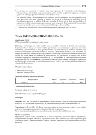 PROTOCOLOS TERAPÉUTICOS                                 121
*	 La carencia de evidencia es notoria para otras opciones de tratamiento (anticolinérgicos,
   β-bloqueadores, amadantina, etc.), que pueden usarse cuando las primeras opciones se hayan
   agotado en el tiempo, generalmente en el curso de 3 a 5 años.
*	 Los anticolinérgicos y la amantadina son auxiliares en el tratamiento; los anticolinérgicos son
   particularmente útiles para controlar el temblor en reposo y la distonía; un anticolinérgico, el
   biperideno, se presenta en tabletas de 2 mg y ampollas de 5 mg/mL, la dosis recomendada es 1
   mg dos veces al día y aumentar progresivamente hasta alcanzar la dosis terapéutica. Las ampollas
   pueden usarse en los casos severos. Dosis máxima 1.4 mg, 3 a 4 veces al día.
*	 La amantadina puede reducir las disquinesias producidas por drogas hasta en el 70%.




Título: ENFERMEDAD HEMORRAGICA, RN
Codificación CIE10
P53 enfermedad hemorrágica del recién nacido

Problema: Hemorragia en recién nacidos que no reciben vitamina K durante el nacimiento.
Especialmente de riesgo en recién nacidos prematuros. La hemorragia se presenta en forma
espontánea, principalmente a nivel gastrointestinal con hematemesis y melenas. También son
comunes el sangrado del muñón umbilical, epistaxis y hematoma encefálico. Son frecuentes las
complicaciones como anemia, choque hipovolémico y hemorragia intracraneal con lesión neurológica
severa. La forma precoz se presenta 24 horas después del nacimiento en madres que reciben
fenitoina, fenobarbital, anticoagulantes orales, etc. La forma clásica se presenta durante la primera
semana de vida. La forma tardía se presenta del primero al cuarto mes del nacimiento, usualmente
con hemorragia intracraneal en niños alimentados con el pecho y que no han recibido profilaxis con
vitamina K al nacimiento.

Objetivos terapéuticos:

1.	 Detener la hemorragia.
2.	 Prevenir complicaciones.

Selección del medicamento de elección:

                     Principios activos                Eficacia   Seguridad   Conveniencia    Niveles
 1      Vitamina K                                      +++         +++           +++          1-2-3

Medicamento de elección:

Sustancia activa: fitomenadiona.

Presentación: solución inyectable 10 mg/mL.

Posología:

Profilaxis: 0.5–1 mg, IM, dentro de la primera hora del nacimiento. Puede repetirse otra dosis igual en
6–8 horas, en caso de niños cuyas madres recibieron anticonvulsivantes durante el embarazo.

Tratamiento: 1–2 mg IM o SC. Dosis mayores pueden ser necesarias para niños cuyas madres
recibieron anticoagulantes o anticonvulsivantes durante el embarazo.
No se recomienda la profilaxis con formulaciones de vitamina K, en tabletas, vía oral.

Efectos indeseables:
Hipotensión, disnea, edema, hematoma en el sitio de inyección, sudoración intensa, hipotensión,
enrojecimiento de la piel. Anafilaxia, hipotensión severa, paro respiratorio o cardiaco y muerte, por
administración IV. Hiperbilirrubinemia, ictericia y anemia hemolítica con la administración de dosis
excesivas.
 