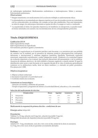 132                                       PROTOCOLOS TERAPÉUTICOS

de radioterapia mediastinal. Medicamentos cardiotóxicos o mielosupresores. Niños y ancianos.
Enfermedades pulmonares.
Observaciones:
*	 Ningún tratamiento con medicamentos de la esclerosis múltiple es uniformemente eficaz.
*	 La plasmaferésis es recomendada por algunos expertos en el caso de recaídas severas no controladas
   con los corticosteroides; sin embargo, sus ventajas no han sido establecidas. Para este tratamiento,
   se retira la sangre, los anticuerpos anormales se quitan de ella y la sangre se vuelve a reinfundir.
*	 La espasticidad, el dolor, los episodios depresivos, los temblores, la osteoporosis, se pueden tratar
  en forma sintomática de acuerdo a las recomendaciones de los correspondientes protocolos.




Título: ESQUIZOFRENIA
Codificación CIE 10
F20.6 esquizofrenia simple
F20.9 esquizofrenia no especificada	
F23 trastornos psicóticos agudos y transitorios

Problema: La esquizofrenia es el trastorno psicótico más frecuente y se caracteriza por una pérdida
de contacto con la realidad; por la presencia de síntomas positivos (desorganización conceptual,
delusiones o alucinaciones) y síntomas negativos (anedonia, hipobulia, disminuida expresión
emocional, empeorada concentración y pobre integración social). Tendencia a la cronicidad (signos
de evolución superiores a los 6 meses), que incluyen alteraciones del pensamiento y de la conducta.
Ausencia de síntomas afectivos y de otros debidos a lesiones orgánicas o retardo mental. Es igual la
distribución entre sexos y más frecuente en la segunda década de la vida; el síndrome generalmente
comienza en la adolescencia tardía, tiene un inicio insidioso y a menudo un pobre pronóstico.
Prevalencia de 1:1000.

Objetivos terapéuticos:
	
1. Mejorar actitud conductual.	
2. Incorporar el paciente a la actividad social	 .
3. Controlar estados de excitación.	

Tratamiento no farmacológico:
 -	Atención a la familia y ambiente del paciente.
 -	Terapia ocupacional y programas de retorno a la actividad laboral, educativa y a la comunidad.

Selección del medicamento de elección:
                     Principios activos                Eficacia   Seguridad     Conveniencia    Niveles
  1    Haloperidol                                      +++          +++            +++             2-3
  2    Risperidona                                      +++          ++             +++             2-3
  3    Olanzapina                                        ++          ++             ++              2-3
  4    Lorazepam                                         ++          ++             +++             1-2-3

Medicamento (o esquema) de primera elección – condiciones de uso:	

Principio activo: haloperidol.	

Presentación:
Tabletas 5 y 10 mg, solución oral 2 mg/mL, solución inyectable 5 mg/mL. 	
Haloperidol decanoato (de depósito) solución inyectable 50 mg/mL.	

Posología:
Adultos 0.5 - 5 mg, inicialmente, oral, dos a tres veces al día, (mitad de la dosis en ancianos).
3 a 5 mg, dos a tres veces al día en pacientes severamente afectados.
 