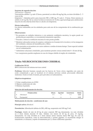 PROTOCOLOS TERAPÉUTICOS                                235
Esquema de segunda elección:
Vancomicina + imipenem 	
Vancomicina adultos 1 g cada 12 horas, parenteral; en niños 40 mg/kg/día, en dosis divididas 2 - 3
veces al día.
Imipenem + cilastatina polvo para inyección 500 a 1.000 mg, IV cada 6 - 8 horas. Dosis máxima en
adulto es de 4 g/día. No se conoce la dosis en menores de 12 años, igual posología para adolescentes
mayores de esta edad (la dosis base se calcula con imipenem).

Efectos indeseables: 	
Los efectos indeseables son los señalados para cada uno de los componentes de la combinación que
se elija.

Observaciones:
*	 En pacientes en cuidados intensivos o con asistencia ventilatoria mecánica, la sepsis puede ser
   producida por anaerobios y se recomienda tratamiento específico.
*	 Proceder a retirar la ventilación mecánica lo más pronto posible.
*	 Mantener adecuadas normas de asepsia y antisepsia en el manejo de la vía aérea y en las mangueras
   del ventilador, sistemas de humidificación y filtros.
*	 Estos pacientes se encuentran con varios catéteres o sondas al mismo tiempo. Tener especial cuidado
   con su contaminación.
*	 Administrar soluciones cristaloides, para mantener presión venosa central entre 8 - 10 mm de Hg.
* Los vasopresores pueden emplearse en caso de choque rebelde al empleo de cristaloides.




Título: NEUROCISTICERCOSIS CEREBRAL	
Codificación CIE 10
B69.0 cisticercosis del sistema nervioso central

Problema: Infección humana causada por los huevos de Taenia solium, ingeridos con carne de
cerdo contaminada y que se localizan en el sistema nervioso central, provocando diferentes
síndromes. Existe en todo el mundo, pero prevalece en Latinoamérica.	

Objetivos terapéuticos:

1. Evitar complicaciones en el SNC.	
2. Mejorar condiciones de vida.	
3. Eliminar el parásito.

Selección del medicamento de elección:

                      Principios activos                 Eficacia   Seguridad   Conveniencia   Niveles
  1    Albendazol                                          +++         ++           +++         1-2-3
  2    Praziquantel                                        ++          ++            +          1-2-3

Medicamento de elección - condiciones de uso: 	

Principio activo: albendazol.	

Presentación: Albendazole tabletas de 200 y 400 mg, suspensión oral 100 mg/5 mL.

Posología: Adulto de más de 60 kg de peso corporal, 800 mg diariamente, vía oral, dividida
en 2 dosis diarias durante 15 días. Adultos con menos de 60 kg de peso, 15 mg/kg,
diariamente, vía oral, dividida en 2 dosis diarias (dosis máxima diaria 800 mg). En caso de
localizaciones específicas, como la intraventricular o quistes gigantes, se recomienda alargar el
tratamiento a 4 semanas y repetir el tratamiento por 2 y hasta 4 diferentes episodios.	
 