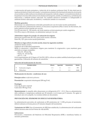 PROTOCOLOS TERAPÉUTICOS                                     283
e intervención del parto prematuro e inducción de la madurez pulmonar fetal. El sitio ideal para la
maduración fetal es el útero de la madre. La transferencia desde el nivel primario de atención, de acuerdo
a la severidad, se debe realizar en incubadora de transporte o método canguro. La transferencia desde un
hospital provincial se debe realizar en incubadora de transporte, asistido, en ambulancia, con hidratación
intravenosa y ambiente térmico adecuado. En cuidados intensivos neonatales es indispensable el
ambiente térmico adecuado, incubadora y ventilación asistida si es necesario. 	

Medidas generales:
Determinar si se administraron corticoides prenatales (en caso de recién nacidos pretérmino).
Si está indicada la alimentación enteral y la frecuencia respiratoria (FR) es menor de 60/minuto, dar
leche materna exclusivamente por succión.
Si la FR está entre 61 - 80/minuto, dar leche materna exclusivamente por sonda orogástrica.
Si la FR es mayor a 80/minuto, no administrar nada por vía oral.

Administrar oxígeno de acuerdo a la saturación de oxígeno:
Saturación normal entre 90 a 95% para recién nacido a término.
Entre 88 y 92% para recién nacido pretérmino.

Mientras se logra referir al recién nacido, tomar las siguientes medidas:
Ambiente térmico neutro.
Vigilancia de la dificultad respiratoria.
Medir la saturación y administrar oxígeno para mantener la oxigenación o para mantener gases
arteriales en rangos aceptables:
    -	 PaO2 50 – 80 mm Hg
    -	 PaCO2 35 – 60 mm Hg
    -	 pH 7.3 – 7.45
Si los requerimientos de O2 llegan a 0.3 de FiO2 (30%), colocar un catéter umbilical arterial para realizar
gasometrías. Utilización de sensores de saturación.

Selección del medicamento de elección:
                    Principios activos                   Eficacia   Seguridad    Conveniencia     Niveles
  1    Surfactante exógeno                                +++          ++            +++           2-3
  2    Midazolam                                           ++          ++            +++           1-2-3

Medicamento de elección - condiciones de uso: 	

Principio activo: surfactante pulmonar.
Presentación: suspensión intratraqueal 200 mg/8 mL.

Posología:
4 mL/kg de peso corporal
Cada dosis 100 mg/4 mL.

Mantenimiento: la ampolla debe almacenarse en refrigeración (2o C - 8o C). Para su administración
debe entibiarse a temperatura ambiente por 20 minutos o en la mano por 8 minutos. No agitar ni
introducir aire en la ampolla. Los residuos deben ser descartados.

PREVENCIÓN DEL SÍNDROME DE DIFICULTAD RESPIRATORIA:

La administración preventiva de surfactante en RN pretérmino de < 1.250 g de peso al nacimiento,
deberá realizarse en forma precoz (15 minutos después del nacimiento).

Tratamiento de SDR: Para el tratamiento de SDR bien establecido, la administración del surfactante
deberá iniciarse antes de las 8 horas de vida del RN.

Indicaciones:
Prevención y tratamiento del Síndrome de Dificultad Respiratoria (SDR) o membrana hialina en
neonatos pretérmino.
 