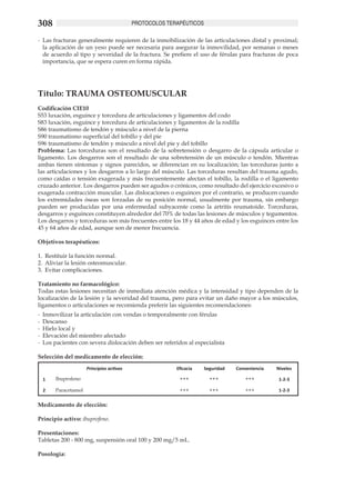 308                                       PROTOCOLOS TERAPÉUTICOS

-	 Las fracturas generalmente requieren de la inmobilización de las articulaciones distal y proximal;
   la aplicación de un yeso puede ser necesaria para asegurar la inmovilidad, por semanas o meses
   de acuerdo al tipo y severidad de la fractura. Se prefiere el uso de férulas para fracturas de poca
   importancia, que se espera curen en forma rápida.




Título: TRAUMA OSTEOMUSCULAR
Codificación CIE10
S53 luxación, esguince y torcedura de articulaciones y ligamentos del codo
S83 luxación, esguince y torcedura de articulaciones y ligamentos de la rodilla
S86 traumatismo de tendón y músculo a nivel de la pierna
S90 traumatismo superficial del tobillo y del pie
S96 traumatismo de tendón y músculo a nivel del pie y del tobillo
Problema: Las torceduras son el resultado de la sobretensión o desgarro de la cápsula articular o
ligamento. Los desgarros son el resultado de una sobretensión de un músculo o tendón. Mientras
ambas tienen síntomas y signos parecidos, se diferencian en su localización; las torceduras junto a
las articulaciones y los desgarros a lo largo del músculo. Las torceduras resultan del trauma agudo,
como caídas o tensión exagerada y más frecuentemente afectan el tobillo, la rodilla o el ligamento
cruzado anterior. Los desgarros pueden ser agudos o crónicos, como resultado del ejercicio excesivo o
exagerada contracción muscular. Las dislocaciones o esguinces por el contrario, se producen cuando
los extremidades óseas son forzadas de su posición normal, usualmente por trauma, sin embargo
pueden ser producidas por una enfermedad subyacente como la artritis reumatoide. Torceduras,
desgarros y esguinces constituyen alrededor del 70% de todas las lesiones de músculos y tegumentos.
Los desgarros y torceduras son más frecuentes entre los 18 y 44 años de edad y los esguinces entre los
45 y 64 años de edad, aunque son de menor frecuencia.

Objetivos terapéuticos:

1.	 Restituir la función normal.
2.	 Aliviar la lesión osteomuscular.
3.	 Evitar complicaciones.

Tratamiento no farmacológico:
Todas estas lesiones necesitan de inmediata atención médica y la intensidad y tipo dependen de la
localización de la lesión y la severidad del trauma, pero para evitar un daño mayor a los músculos,
ligamentos o articulaciones se recomienda preferir las siguientes recomendaciones:
-	 Inmovilizar la articulación con vendas o temporalmente con férulas
-	 Descanso
-	 Hielo local y
-	 Elevación del miembro afectado
-	 Los pacientes con severa dislocación deben ser referidos al especialista

Selección del medicamento de elección:
                     Principios activos                 Eficacia    Seguridad   Conveniencia   Niveles

 1     Ibuprofeno                                        +++          +++           +++         1-2-3

 2     Paracetamol                                       +++          +++           +++         1-2-3

Medicamento de elección:

Principio activo: ibuprofeno.

Presentaciones:
Tabletas 200 - 800 mg, suspensión oral 100 y 200 mg/5 mL.

Posología:
 