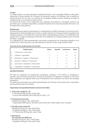 324                                      PROTOCOLOS TERAPÉUTICOS



Cirugía
La cirugía radical, resección quirúrgica completa del tumor y de los ganglios linfáticos adyacentes,
representa la forma estándar de la terapia con intención curativa, sin embargo, esto es posible en
menos del tercio de los casos. La resección de los ganglios linfáticos parece aumentar el riesgo de
complicaciones y no aumenta la supervivencia.
En ausencia de ascitis o serio compromiso por metástasis del peritoneo o del hígado, inclusive los
pacientes que se considera inoperables, se pueden beneficiar de la resección primaria del tumor y de
la terapia adyuvante paliativa.

Radioterapia
El adenocarcinoma gástrico generalmente es medianamente sensible, prolonga la recurrencia local y
ligeramente la sobrevida global, por lo tanto se emplea después de la cirugía cuando los ganglios han
resultado positivos o los bordes de la resección están comprometidos por tumor. La radioterapia sola
después de la cirugía no prolonga la sobrevida. Se recomienda en el manejo paliativo para el control
del dolor y sangrado.
La combinación de radio-quimioterapia concurrente posoperatoria ha demostrado beneficio en el
control local y sobrevida, por lo que está indicada en tumores de alto riesgo estadio II–III B.

Selección de los medicamentos de elección:

                    Principios activos                 Eficacia    Seguridad   Conveniencia   Niveles

 1    5 -fluoruracilo + leucovorina                       +           +            ++           3

 2    Cisplatino + capecitabina                           +           +            ++           3

 3    Epirubicina + cisplatino + 5 fluoruracilo           +           +            ++            3

 4    Docetaxel + cisplatino + 5 fluoruracilo             +           +            ++           3

 5    Leucovorina + oxaliplatino + 5-floururacilo         +           +            ++           3

 6    Capecitabina + oxaliplatino + trastuzumab           +           +            ++           3


QUIMIOTERAPIA:

De todos los regímenes de combinación, epirubicina, cisplatino y FU-5 (ECF), se consideran a
menudo como la norma de referencia. Es tema de discusión si el régimen de cisplatino y 5-FC (CF),
debe considerarse un régimen índice para el tratamiento de los pacientes con cáncer del estómago
metastásico.
Se acepta que los pacientes que reciben quimioterapia viven durante varios meses más, en promedio,
que los pacientes que no la reciben.

ESQUEMAS DE QUIMIOTERAPIA SEGÚN ESTADIO:

1.	 Adyuvante estadio Ib - III
	 5 - Fluoruracilo 200 mg/día, cada 21 días
 	 + Leucovorina (folinato cálcico) 200 mg/m2, días 1 y 15

2.	Tratamiento adyuvante:
	 Cisplatino 60 mg/m2 /día, cada 21 días
	 + Capecitabina 2000 mg/m², dividido cada 12 horas por 14 días repetir cada 3 semanas

 3. Neoadyuvante estadio III
	 Epirubicina 50 mg/m2/ día, cada 21 días
	 + Cisplatino 60 mg/m2 /día, cada 21 días
	 + 5 - Fluoruracilo 200 mg/día, cada 21 días

 4. Metastásico
	 Sin expresión del HER2-neu
	 Docetaxel 75 mg/m2, día 1, cada 21 días
	 + Cisplatino 60 mg/m2 /día, cada 21 días
 