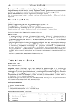 40                                        PROTOCOLOS TERAPÉUTICOS

Precauciones: No administrar a pacientes alérgicos a las penicilinas.	
En estos pacientes se debe controlar la fiebre, el dolor y el malestar general empleando adicionalmente
analgésicos - antipiréticos. Administrar azitromicina en pacientes alérgicos a la penicilina.	
Efectos indeseables: Reacciones de hipersensibilidad, a veces severas.	
Las formas parenterales pueden producir reacciones inflamatorias locales y dolor en el sitio de
inyección.

Medicamento de segunda elección:

Azitromicina
Presentaciones tableta de 500 mg, polvo para suspensión 200 mg/5 mL.	
Posología adultos 1 tableta una vez al día, durante 3 días. 	
Niños mayores de 28 días 10 mg/kg/día, una sola dosis diaria, durante 3 días. 	
La azitromicina es de primera elección en caso de pacientes alérgicos a las penicilinas. 	
	
En niños, por conveniencia, puede emplearse azitromicina.	
Observaciones:	
*	 A la fecha, en nuestro medio, el estreptococo beta hemolítico del grupo A es muy sensible a la
   acción de la penicilina G. Aún en los casos persistentes, un frotis para identificar el estreptococo
   beta hemolítico puede no ser positivo. La pobre especificidad y sensibilidad de los frotis de garganta
   limitan su utilidad.	
*	 La penicilina benzatínica produce concentraciones sistémicas bajas pero prolongadas de penicilina
   G. Una sola inyección intramuscular de 1’200.000 unidades es suficiente para el tratamiento de
   la faringitis por estreptococo beta hemolítico A, y una similar administrada cada 3 a 4 semanas,
   previene la reinfección por esta bacteria. Este procedimiento se recomienda en pacientes con alto
   riesgo de reinfección o que hayan sufrido fiebre reumática durante los últimos 5 años. En lugares
   donde la fiebre reumática es prevalente, se recomienda el uso más agresivo de antibióticos en los
   niños.	
*	 En niños, por conveniencia, puede emplearse azitromicina.




Título: ANEMIA APLÁSTICA
Codificación CIE10
D61.9 anemia aplástica.

Problema: Anemia causada por insuficiencia funcional de la médula ósea. Es un padecimiento
multicausal, generalmente vinculado a trastornos inmunológicos y colagenopatías, que debe
abordarse desde el punto de vista etiológico, con tratamiento inmunosupresor específico. Se manifiesta
por palidez, petequias, púrpura, hemorragia, infecciones frecuentes y severas. Caracterizada por
pancitopenia con anemia (puede ser macrocítica), leucopenia y trombocitopenia. La aplasia medular
se diagnostica por biopsia de la médula ósea.
El tratamiento que se recomienda en este inciso básicamente está dirigido al paciente neutropénico
febril, una consecuencia probable de la aplasia medular.

Objetivos terapéuticos:

1. Restituir función medular.
2. Proporcionar soporte al compromiso sistémico.
3. Evitar complicaciones infecciosas y/o hemorrágicas.

Selección del medicamento de elección:
                     Principios activos                Eficacia   Seguridad    Conveniencia    Niveles
 1     Glóbulos rojos y/o plaquetas                      ++          ++            +++           2-3
 2     Ceftriaxona                                       ++          ++            +++           2-3
 3     Amikacina                                         ++          ++            +++           2-3
 