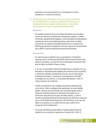 99PROTOCOLOS DE ACTUACIÓN FRENTE
A SITUACIONES DE VIOLENCIA
garantizar que ese estudiante se mantenga en el ciclo
académico, a través de tutorías.
d.	 Protocolo de actuación ante casos de violencia
de estudiantes o madres, padres de familia y/o
representantes legales detectada o cometida
hacia personal de la institución educativa
Detección
•	 Si cualquier persona de la comunidad educativa conoce algún
hecho de violencia cometido por estudiantes, padres o madres
de familia, representantes legales u otros familiares de estudiantes
a personas de la comunidad educativa, este hecho se debe
comunicar a la máxima autoridad institucional y al equipo del
DECE para levantar el respectivo informe y poner en conocimiento
de la JDRC o de las instancias de justicia pertinentes.
Intervención
•	 En caso de que el agresor sea un estudiante, el inspector,
docente tutor o el personal del DECE debe levantar información
sobre lo sucedido, que servirá como base para la definición del
tipo de falta cometida si fuera el caso.
•	 A su vez, la autoridad institucional debe tomar contacto con sus
familiares o representantes legales para informar de lo sucedido
y sobre las medidas disciplinarias que se van a tomar desde
el sistema educativo, tomando en consideración el RLOEI,
el Código de convivencia, y el Acuerdo Ministerial nº 434-12
sobre solución de conflictos.
•	 Frente a la aplicación de medidas educativas disciplinarias
a los niños, niñas o adolescentes agresores, las autoridades
deben informar a los familiares que se puede apelar ante la
Dirección Distrital respecto al dictamen impuesto por la
institución educativa en el caso de faltas graves, y ante la
máxima autoridad del Nivel Zonal respecto al dictamen impuesto
por la Junta Distrital de Resolución de Conflictos en el caso de
faltas muy graves, en un plazo de tres días a partir de la
recepción de la notificación.
•	 El equipo del DECE puede aplicar medidas alternativas de
resolución de conflictos, siguiendo el Acuerdo No. 434-12.
 