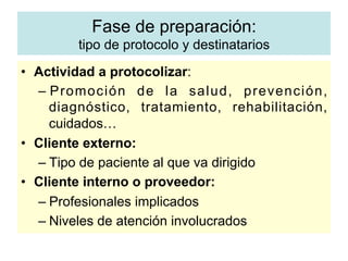 •  Actividad a protocolizar:
–  Promoción de la salud, prevención,
diagnóstico, tratamiento, rehabilitación,
cuidados…
•  Cliente externo:
– Tipo de paciente al que va dirigido
•  Cliente interno o proveedor:
– Profesionales implicados
– Niveles de atención involucrados
Fase de preparación:
tipo de protocolo y destinatarios
 
