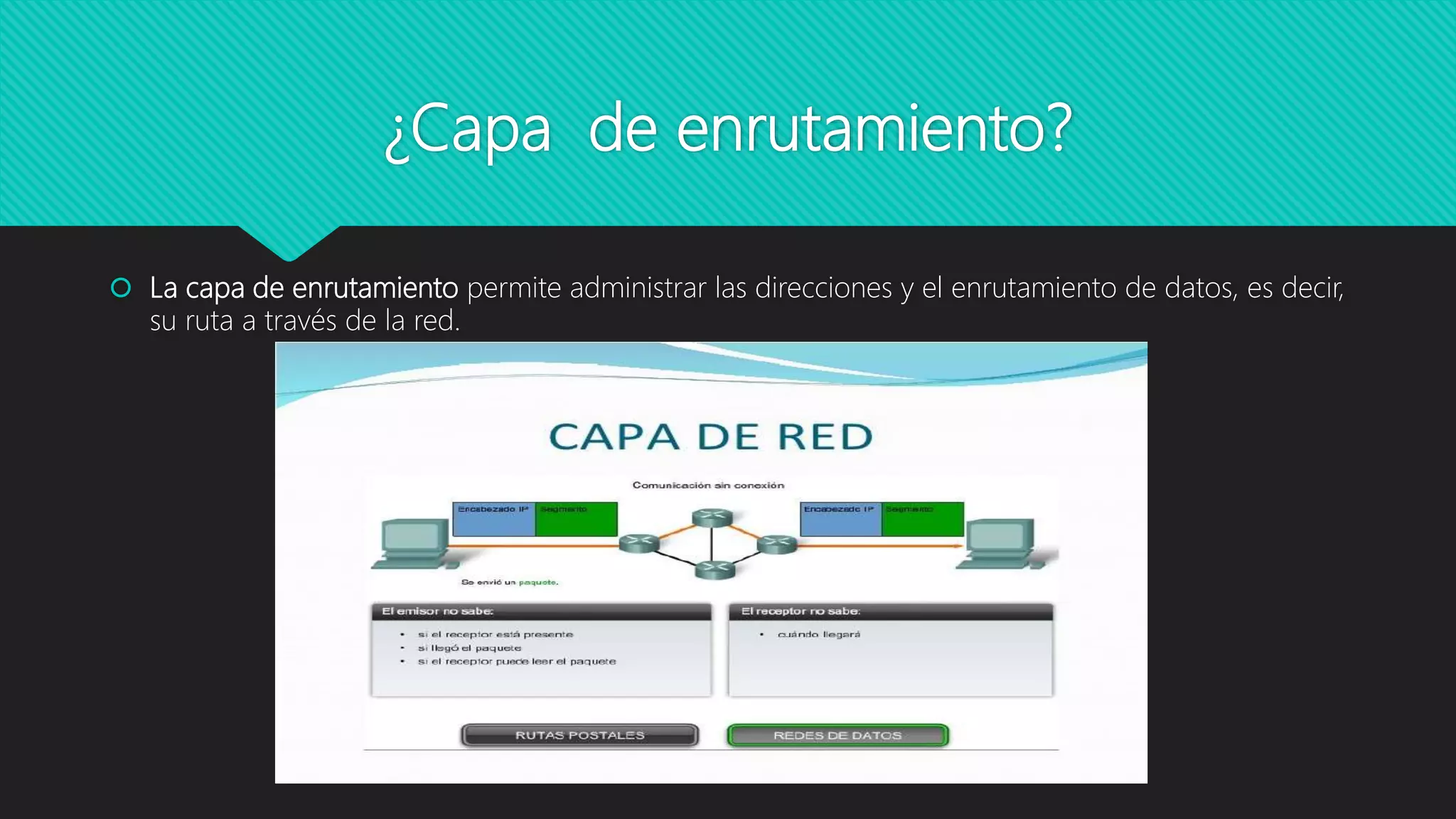¿Capa de enrutamiento?
 La capa de enrutamiento permite administrar las direcciones y el enrutamiento de datos, es decir,
su ruta a través de la red.
 