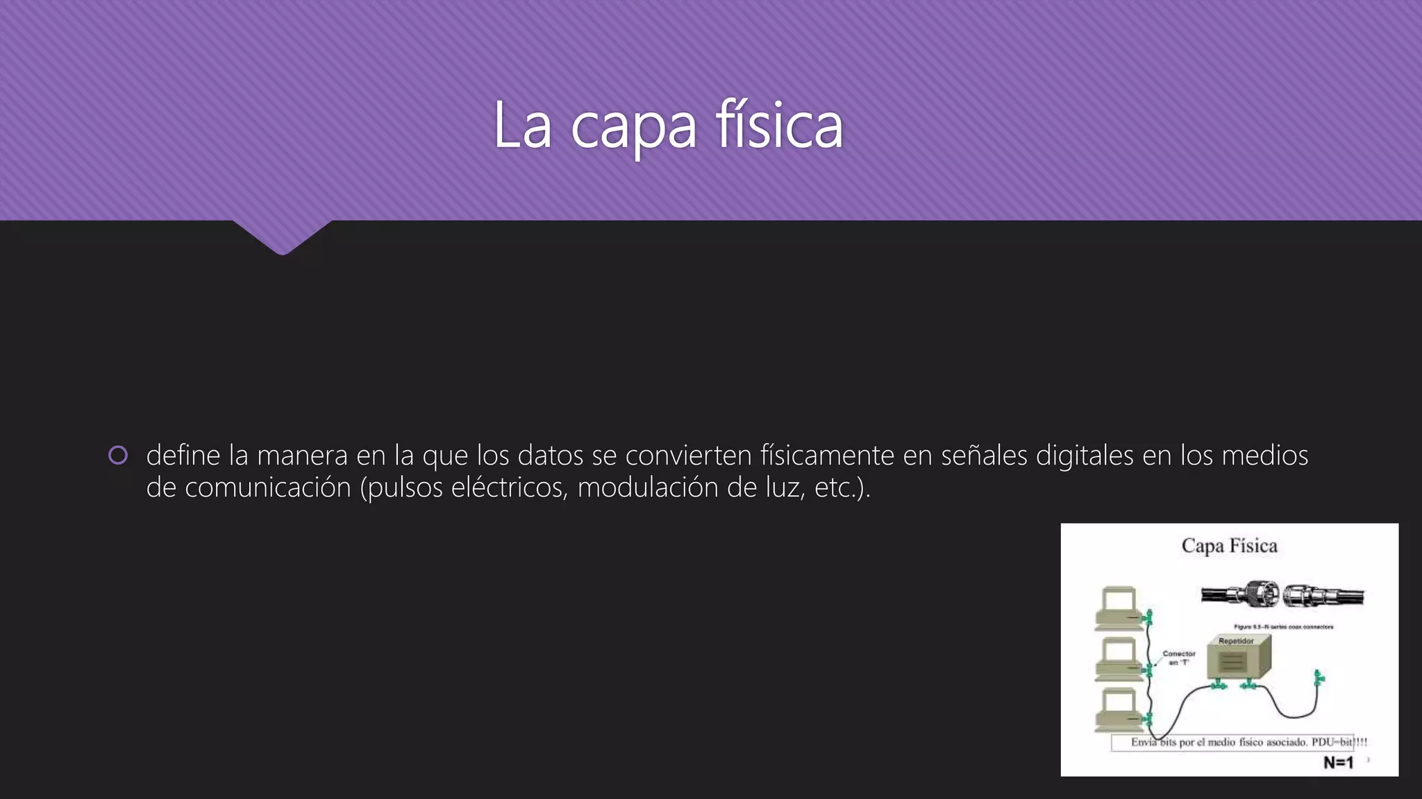 La capa física
 define la manera en la que los datos se convierten físicamente en señales digitales en los medios
de comunicación (pulsos eléctricos, modulación de luz, etc.).
 