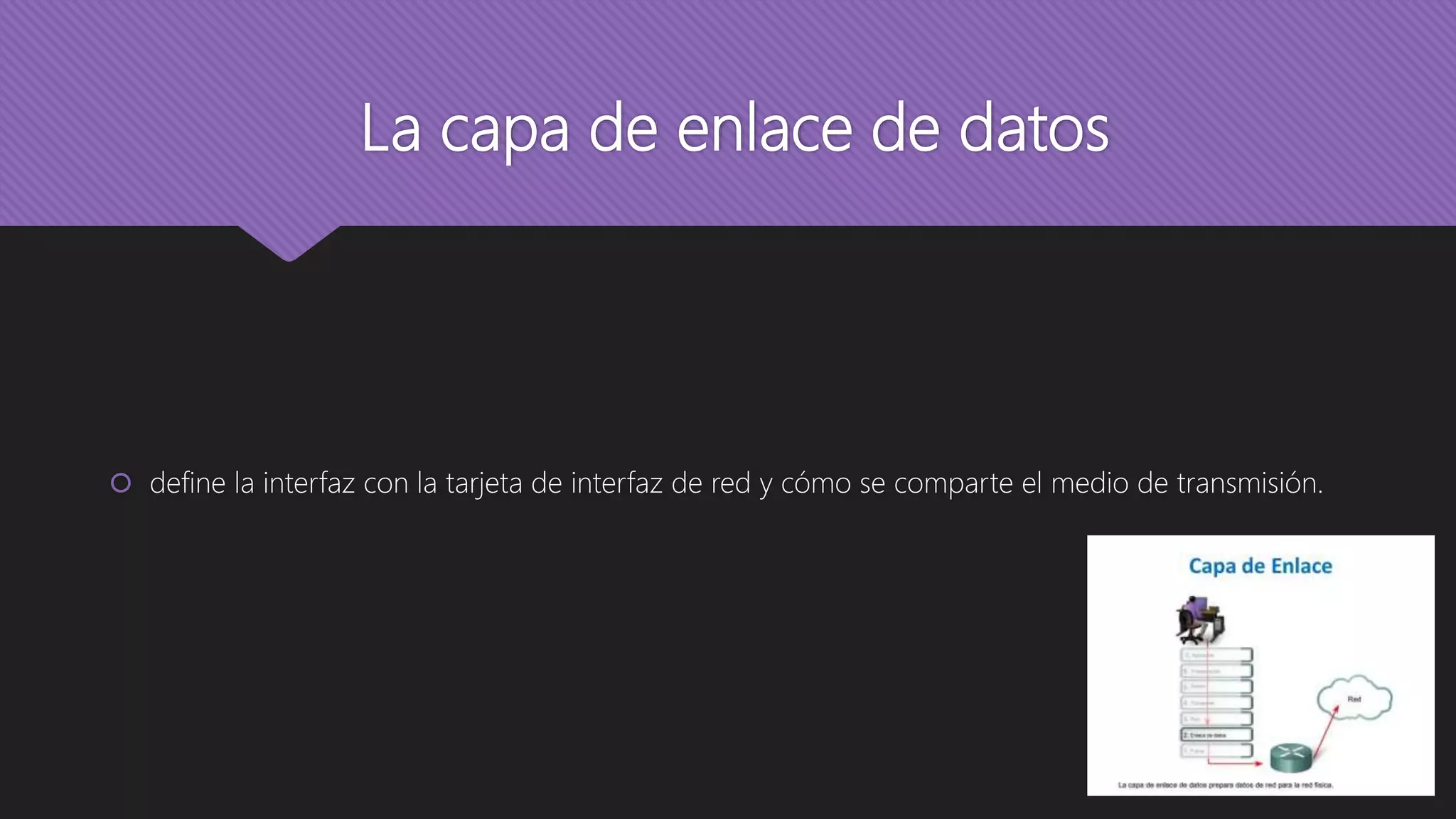 La capa de enlace de datos
 define la interfaz con la tarjeta de interfaz de red y cómo se comparte el medio de transmisión.
 