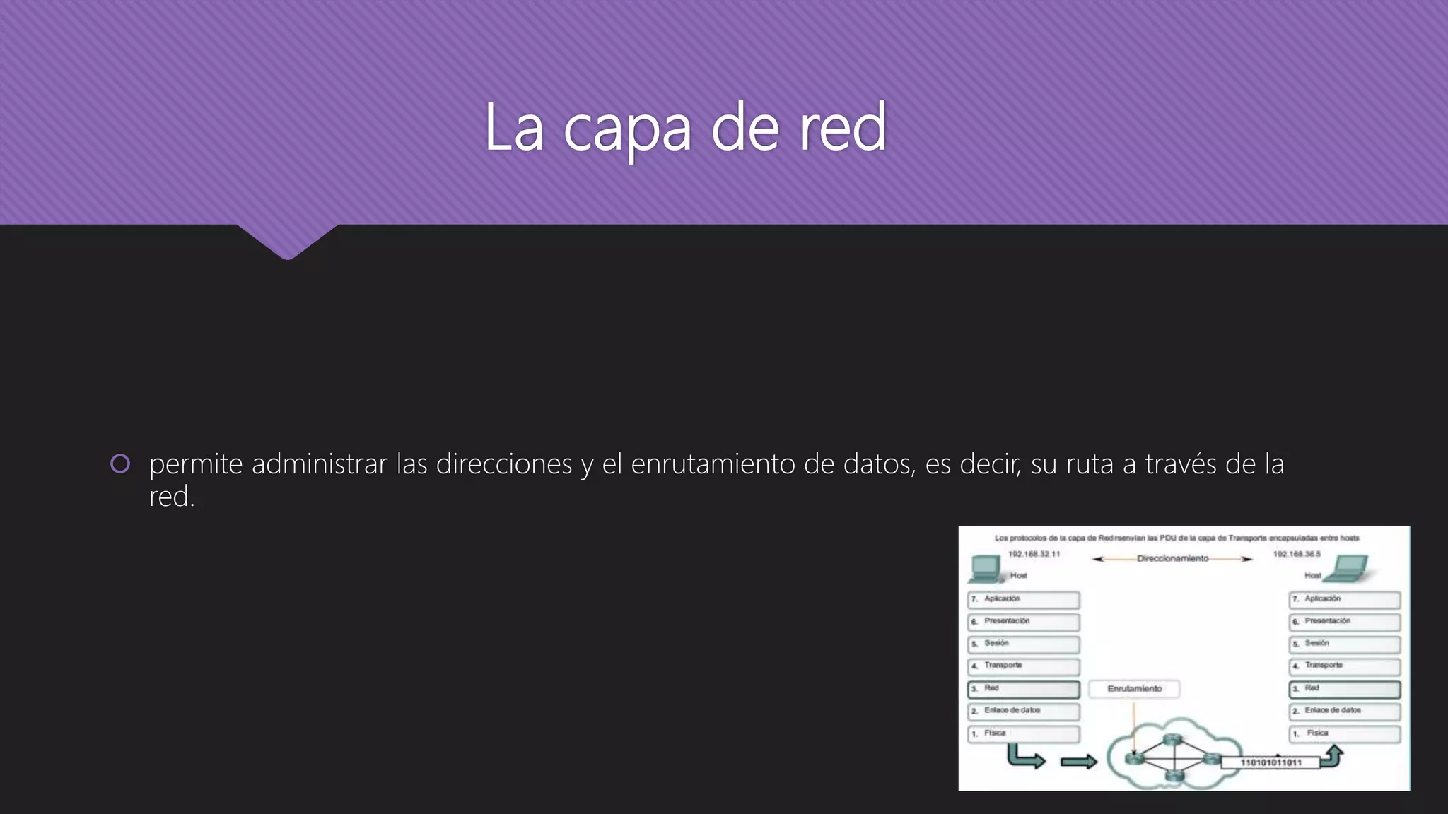 La capa de red
 permite administrar las direcciones y el enrutamiento de datos, es decir, su ruta a través de la
red.
 