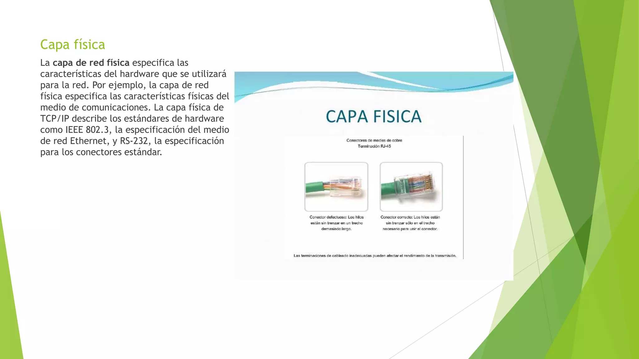 Capa física
La capa de red física especifica las
características del hardware que se utilizará
para la red. Por ejemplo, la capa de red
física especifica las características físicas del
medio de comunicaciones. La capa física de
TCP/IP describe los estándares de hardware
como IEEE 802.3, la especificación del medio
de red Ethernet, y RS-232, la especificación
para los conectores estándar.
 