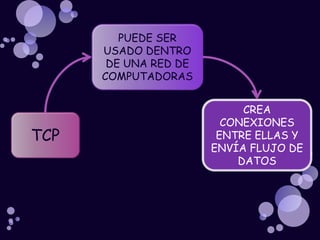 PUEDE SER USADO DENTRO DE UNA RED DE COMPUTADORASCREA CONEXIONES ENTRE ELLAS Y ENVÍA FLUJO DE DATOSTCP