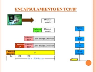 ENCAPSULAMIENTO EN TCP/IP

                                        Datos de
                                         usuario

                                                       Aplica-
                             Cabecera   Datos de
                                                        ción
                              Aplic.     usuario


                   Cabecera
                            Datos de capa Aplicación    TCP
                     TCP

         Cabecera Cabecera
                           Datos de capa Aplicación      IP
            IP      TCP

Cabecera Cabecera Cabecera                              Drive
                           IP Datos de Aplicación      Ethernet
Ethernet    IP      TCP
   14       20        20
                      46 a 1500 bytes
 