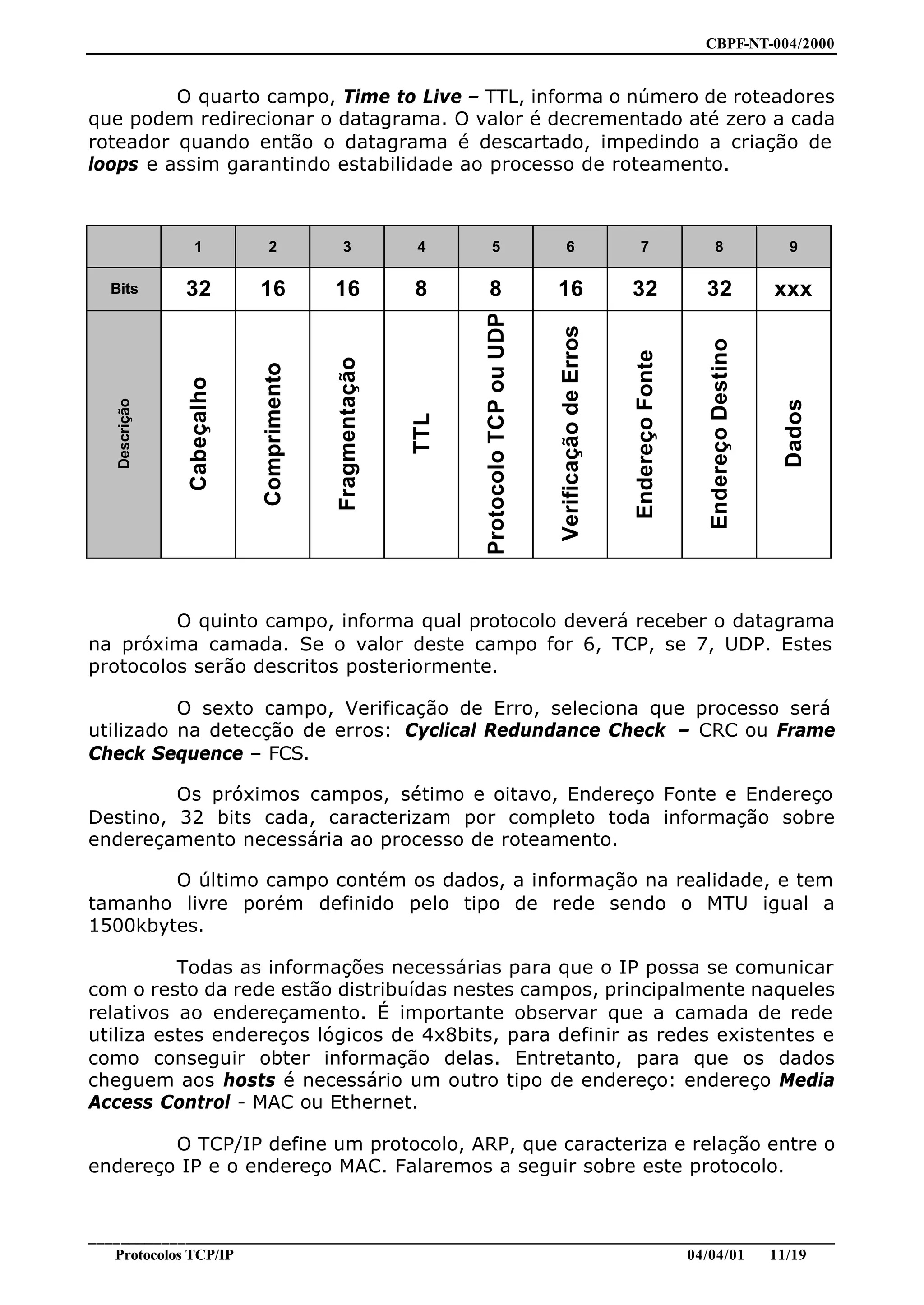 CBPF-NT-004/2000


         O quarto campo, Time to Live – TTL, informa o número de roteadores
que podem redirecionar o datagrama. O valor é decrementado até zero a cada
roteador quando então o datagrama é descartado, impedindo a criação de
loops e assim garantindo estabilidade ao processo de roteamento.



                1            2             3            4         5                      6                    7                 8                9

  Bits         32          16            16             8      8                     16                     32               32                 xxx




                                                              Protocolo TCP ou UDP


                                                                                     Verificação de Erros




                                                                                                                             Endereço Destino
                                                                                                            Endereço Fonte
                                         Fragmentação
                           Comprimento
               Cabeçalho
   Descrição




                                                                                                                                                Dados
                                                        TTL




         O quinto campo, informa qual protocolo deverá receber o datagrama
na próxima camada. Se o valor deste campo for 6, TCP, se 7, UDP. Estes
protocolos serão descritos posteriormente.

          O sexto campo, Verificação de Erro, seleciona que processo será
utilizado na detecção de erros: Cyclical Redundance Check – CRC ou Frame
Check Sequence – FCS.

         Os próximos campos, sétimo e oitavo, Endereço Fonte e Endereço
Destino, 32 bits cada, caracterizam por completo toda informação sobre
endereçamento necessária ao processo de roteamento.

        O último campo contém os dados, a informação na realidade, e tem
tamanho livre porém definido pelo tipo de rede sendo o MTU igual a
1500kbytes.

          Todas as informações necessárias para que o IP possa se comunicar
com o resto da rede estão distribuídas nestes campos, principalmente naqueles
relativos ao endereçamento. É importante observar que a camada de rede
utiliza estes endereços lógicos de 4x8bits, para definir as redes existentes e
como conseguir obter informação delas. Entretanto, para que os dados
cheguem aos hosts é necessário um outro tipo de endereço: endereço Media
Access Control - MAC ou Ethernet.

        O TCP/IP define um protocolo, ARP, que caracteriza e relação entre o
endereço IP e o endereço MAC. Falaremos a seguir sobre este protocolo.


________________________________________________________________________________________________
   Protocolos TCP/IP                                                         04/04/01   11/19
 