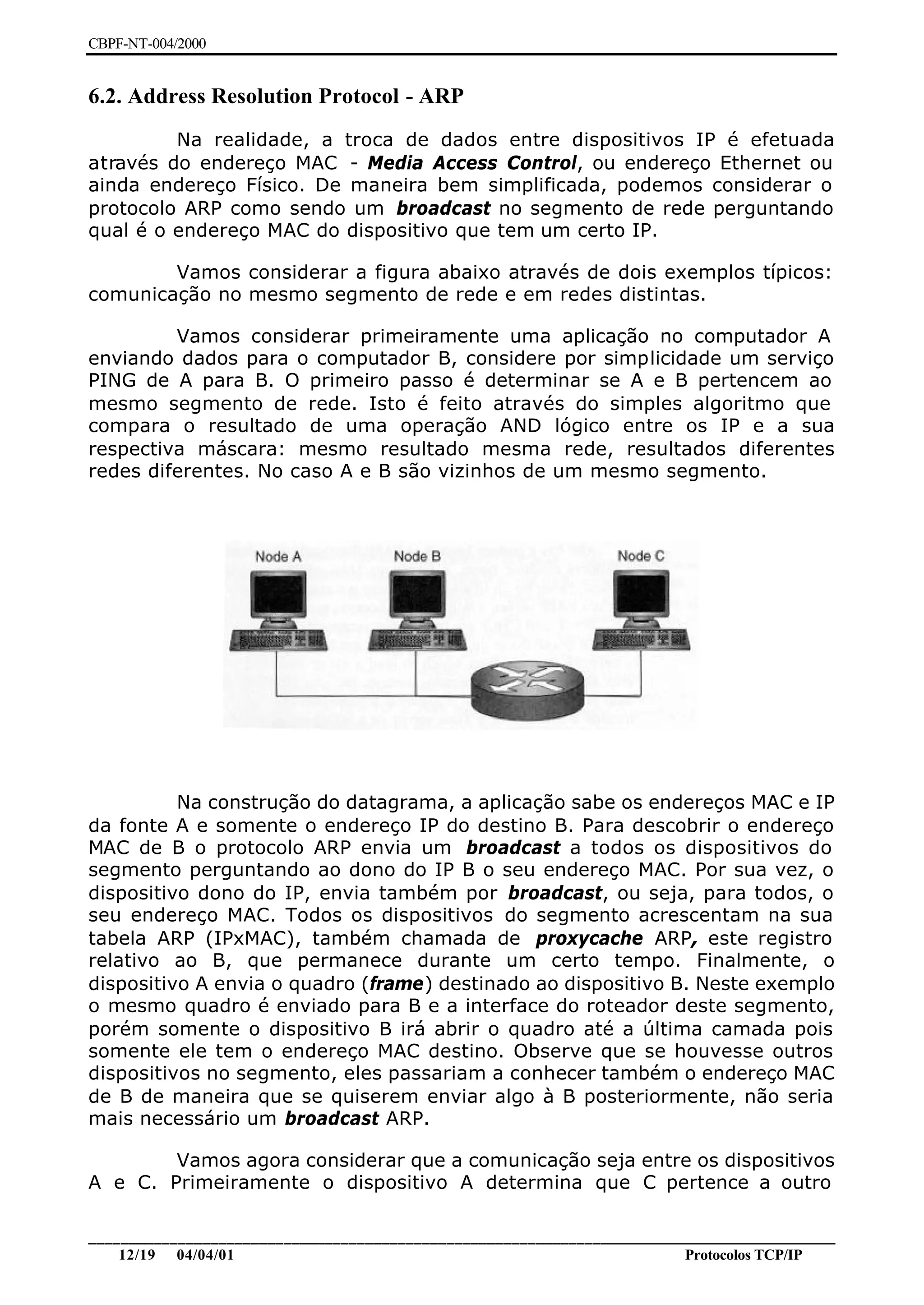 CBPF-NT-004/2000


6.2. Address Resolution Protocol - ARP
         Na realidade, a troca de dados entre dispositivos IP é efetuada
através do endereço MAC - Media Access Control, ou endereço Ethernet ou
ainda endereço Físico. De maneira bem simplificada, podemos considerar o
protocolo ARP como sendo um broadcast no segmento de rede perguntando
qual é o endereço MAC do dispositivo que tem um certo IP.

        Vamos considerar a figura abaixo através de dois exemplos típicos:
comunicação no mesmo segmento de rede e em redes distintas.

         Vamos considerar primeiramente uma aplicação no computador A
enviando dados para o computador B, considere por simplicidade um serviço
PING de A para B. O primeiro passo é determinar se A e B pertencem ao
mesmo segmento de rede. Isto é feito através do simples algoritmo que
compara o resultado de uma operação AND lógico entre os IP e a sua
respectiva máscara: mesmo resultado mesma rede, resultados diferentes
redes diferentes. No caso A e B são vizinhos de um mesmo segmento.




          Na construção do datagrama, a aplicação sabe os endereços MAC e IP
da fonte A e somente o endereço IP do destino B. Para descobrir o endereço
MAC de B o protocolo ARP envia um broadcast a todos os dispositivos do
segmento perguntando ao dono do IP B o seu endereço MAC. Por sua vez, o
dispositivo dono do IP, envia também por broadcast, ou seja, para todos, o
seu endereço MAC. Todos os dispositivos do segmento acrescentam na sua
tabela ARP (IPxMAC), também chamada de proxycache ARP, este registro
relativo ao B, que permanece durante um certo tempo. Finalmente, o
dispositivo A envia o quadro (frame) destinado ao dispositivo B. Neste exemplo
o mesmo quadro é enviado para B e a interface do roteador deste segmento,
porém somente o dispositivo B irá abrir o quadro até a última camada pois
somente ele tem o endereço MAC destino. Observe que se houvesse outros
dispositivos no segmento, eles passariam a conhecer também o endereço MAC
de B de maneira que se quiserem enviar algo à B posteriormente, não seria
mais necessário um broadcast ARP.

        Vamos agora considerar que a comunicação seja entre os dispositivos
A e C. Primeiramente o dispositivo A determina que C pertence a outro

________________________________________________________________________________________________
    12/19 04/04/01                                                         Protocolos TCP/IP
 