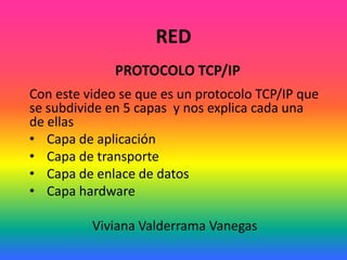RED
PROTOCOLO TCP/IP
Con este video se que es un protocolo TCP/IP que
se subdivide en 5 capas y nos explica cada una
de ellas
• Capa de aplicación
• Capa de transporte
• Capa de enlace de datos
• Capa hardware
Viviana Valderrama Vanegas

 