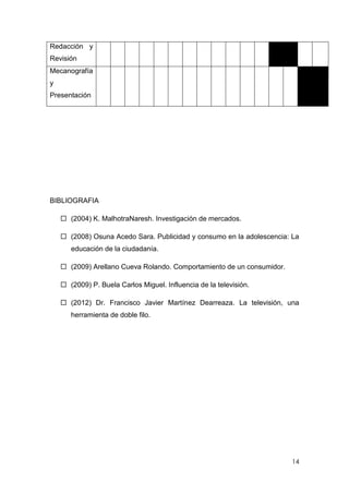 Redacción y
Revisión
Mecanografía
y
Presentación




BIBLIOGRAFIA

     (2004) K. MalhotraNaresh. Investigación de mercados.

     (2008) Osuna Acedo Sara. Publicidad y consumo en la adolescencia: La
       educación de la ciudadanía.

     (2009) Arellano Cueva Rolando. Comportamiento de un consumidor.

     (2009) P. Buela Carlos Miguel. Influencia de la televisión.

     (2012) Dr. Francisco Javier Martínez Dearreaza. La televisión, una
       herramienta de doble filo.




                                                                        14
 