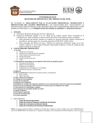 Gobierno del estado de México
              Secretaría de Educación


                                      UNIVERSIDAD IUEM
                        REGISTRO DE PROTOCOLO DEL PROYECTO DE TESIS

DE ACUERDO AL “REGLAMENTO PAR LA EVALUACIÓN PROFESIONAL, TRAMITACIÓN Y
PRESENTACIÓN DEL EXAMEN PROFESIONAL”, LES SOLICITAMOS MUY ATENTAMENTE LA
SIGUIENTE DOCUMENTACIÓN QUE PARA REVISIÓN, SELLADO Y REGISTRO DEL PROTOCOLO; ESTE
DEBERÁ ENTREGARSE A LA “COORDINACIÓN DE GRADO ACADÉMICO Y SERVICIO SOCIAL”.

1.    OFICIOS:
      a) Solicitud de aprobación del proyecto de Tesis o Memoria de
      b) Experiencia Profesional, dirigido a la L.A. María de los Ángeles Alarcón Maya, Encargada de la
         Coordinación de Grado Académico y Servicio Social del IUEM; el cual deberá contener lo siguiente:
         • Datos personales del alumno: Nombres (s) completo (s), domicilio particular, teléfono, Institución de
             procedencia, semestre, grupo, No. de cuenta, generación, CURP, RFC, E-Mail y firma.
         • Datos personales del Director de Tesis o Memoria de Experiencia Profesional, según sea el caso:
             Nombre, Teléfono, E- mail, Cédula Profesional, Especialidad Académica y Firma de Aceptación para
             dirigir el trabajo de investigación.
2.    CONTENIDO DEL PROTOCOLO
      2.1 Portada
           a) Nombre de la institución.
           b) Nombre de la escuela profesional o posgrado
           c) Título Tentativo del proyecto de tesis.
           d) Nombre del alumno.
           e) Nombre del director de tesis.
           f) Fecha
      2.3 Planteamiento del problema de investigación. Debe incluir las siguientes partes:
           a) Descripción del problema:
           b) Objetivos de Investigación
           c) Preguntas de investigación.
           d) Justificación de la investigación y su viabilidad.
           e) Delimitación (alcances y limitaciones)
     2.3 Hipótesis
     2.4 Marco de Referencia. (Exploración de fuentes iniciales y antecedentes).
           a) Marco teórico.
           b) Marco contextual.
     2.5 Tipo y diseño de investigación.
     2.6 Enfoque de la investigación
     2.7 Línea de investigación.
     2.8 Sub-línea de investigación.
     2.9 Definición de variables (investigación cuantitativa), con la construcción de matriz de congruencia metodológica
     2.10 Universo de investigación y determinación de la muestra (para investigaciones de campo.
     2.11 Descripción de la metodología a emplear.
     2.12 Cronograma de actividades (gráfico de Gantt).
     2.13 Índice preliminar.
     2.14 Presupuesto (opcional).
     2.15 Fuentes de información.
     2.16 Anexos (opcional).

3.    DOCUMENTOS
          •    Copia del Acta de Nacimiento.
          •    Copia de la Carta de Pasante o Certificado de Estudios.
          •    Copia de la Constancia de Servicio Social.
          •    Copia de la Constancia de Prácticas Profesionales.

NOTA: Los puntos anteriores deberán entregarse en el orden que se indica en 3 tantos en fólder color verde (SEMESTRAL) o
rosa (CUATRIMESTRAL) con broche baco y etiqueta en la pestaña, en la Coordinación de Grado Académico y Servicio Social.
 