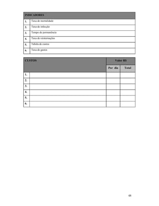 INDICADORES
1.

Taxa de mortalidade

2.

Taxa de infecção

3.

Tempo de permanência

4.

Taxa de reinternações

5.

Tabela de custos

6.

Taxa de gastos

CUSTOS

Valor R$
Por dia

Total

1.
2.
3.
4.
5.
6.

48

 
