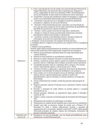 Enfermeiro

Auxiliares e/ou
técnicos de

 Fazer a classificação de risco de acordo com o preconizado pelo Protocolo de
triagem Manchester (em anexo) em todos os pacientes que chegarem ao
serviço, independente do meio (livre demanda, SAMU, emcaminhado pelo
serviço pré-hospitalar ou pela central de assistência de outros municípios
 Encaminhar o paciente para atendimento médico de emergência e urgência de
acordo com as prioridades determinadas pelo protocolo de Manchester;
 Encaminhar o paciente que não se enquadrar ao perfil de atendimento
(emergência e urgência), ao serviço de referencia;
 Preencher a ficha eletrônicado paciente, colocando a sua classificação de
risco, para que toda a equipe do serviço tenha conhecimento da quantidade e da
gravidade dos pacientes que esperam atendimento;
 Orientar o usuário quanto a previsão de tempo para o atendimento;
 Atender as vitimas de trauma, providenciando material para realização
procedimentos médicos preconizados a cada paciente
 Coordenar e realizar os procedimentos invasivos inerentes à prática de
enfermagem, de acordo com a prescrição médica, tais como:
1. Sondagem vesical em pacientes sem suspeitas de lesões pélvicas;
2. Sondagem gástrica: orogástrica em pacientes com suspeita de TCE e nasogástrica
nos demais.
3. Punções venosas periféricas.
Auxiliar equipe medica em procedimentos de assistência ao trauma abdominal ,tais
como:lavados peritoniais,FAST,Laparoscopia, Laparatomia de emergência
 Realizar os procedimentos solicitados dentro do tempo determinado pelo
sistema eletrônico;
 Informar na ficha eletrônica os procedimentos realizados;
 Informar ao medico alterações relevantes no estado geral dos pacientes
 Orientar o auxiliar de serviços médicos, quanto aos cuidados no transporte de
pacientes estáveis a radiologia, bloco cirúrgico ou demais setores necessários,
 Acompanhar pacientes instáveis a radiologia, bloco cirúrgico, CTI e demais
setores, oferecendo-lhe suporte a vida de acordo com o ATLS
 Orientar e fiscalizar a equipe para o seguimento do protocolo de Manchester,
respeitando a normatização do tempo de atendimento e da assistência;
 Fazer contato com os setores de apoio (serviço de radiologia, laboratório de
analises clinicas e agencia transfusional), quando os mesmos não
disponibilizarem o que foi solicitado, no sistema eletrônico, em tempo prédeterminado;
 Tomar conhecimento da evolução e estado dos pacientes pela passagem de
plantão;
 Preparar o paciente, material e local para acesso parenteral e realizar curativos
ou fixação;
 Proceder à colocação da sonda entérica na posição gástrica e assegurar
manutenção da via;
 Orientar pacientes, familiares ou responsáveis legais quanto à utilização e
controle da TN;
 Admitir e manter o paciente na Sistematização da Assistência de Enfermagem SAE
 Planejamento da assistência de enfermagem no hospital.
 Planejamento de cuidados da alta hospitalar para o domicílio e/ou ambulatório;
 Garantir que todos os processos estejam de acordo com a Portaria 272 e
Resolução 63, desde a seleção, padronização, licitação e aquisição de
equipamentos até a conservação, inspeção visual da NE ou NPT, administração
observando princípios de assepsia, registro das informações, treinamento de
pessoal e educação continuada.
 Encontrar-se no setor de prontidão, com sua função pré-estabelecida, para o
atendimento a vitima Politraumatizado;

50

 