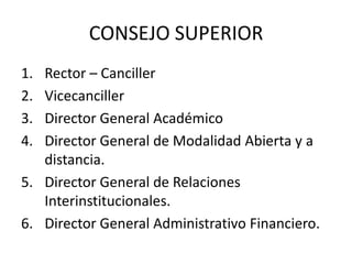 CONSEJO SUPERIOR
1. Rector – Canciller
2. Vicecanciller
3. Director General Académico
4. Director General de Modalidad Abierta y a
   distancia.
5. Director General de Relaciones
   Interinstitucionales.
6. Director General Administrativo Financiero.
 