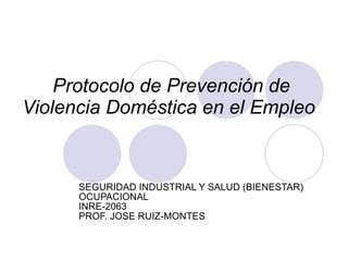 Protocolo de Prevención de Violencia Doméstica en el Empleo   SEGURIDAD INDUSTRIAL Y SALUD (BIENESTAR) OCUPACIONAL INRE-2063 PROF. JOSE RUIZ-MONTES 