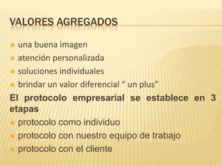 valores agregadosuna buena imagen atención personalizadasoluciones individuales brindar un valor diferencial “ un plus” El protocolo empresarial se establece en 3 etapas protocolo como individuoprotocolo con nuestro equipo de trabajo protocolo con el cliente