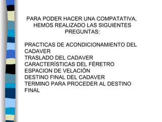 PARA PODER HACER UNA COMPATATIVA,  HEMOS REALIZADO LAS SIGUIENTES PREGUNTAS: PRACTICAS DE ACONDICIONAMIENTO DEL CADAVER TRASLADO DEL CADAVER CARACTERÍSTICAS DEL FÉRETRO ESPACION DE VELACIÓN DESTINO FINAL DEL CADAVER TERMINO PARA PROCEDER AL DESTINO FINAL 