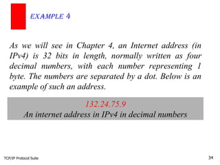 TCP/IP Protocol Suite Example  4 As we will see in Chapter 4, an Internet address (in IPv4) is 32 bits in length, normally written as four decimal numbers, with each number representing 1 byte. The numbers are separated by a dot. Below is an example of such an address. 132.24.75.9 An internet address in IPv4 in decimal numbers 