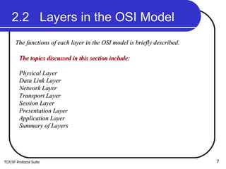 TCP/IP Protocol Suite 2.2  Layers in the OSI Model The functions of each layer in the OSI model is briefly described. The topics discussed in this section include: Physical Layer Data Link Layer Network Layer Transport Layer Session Layer Presentation Layer Application Layer Summary of Layers 