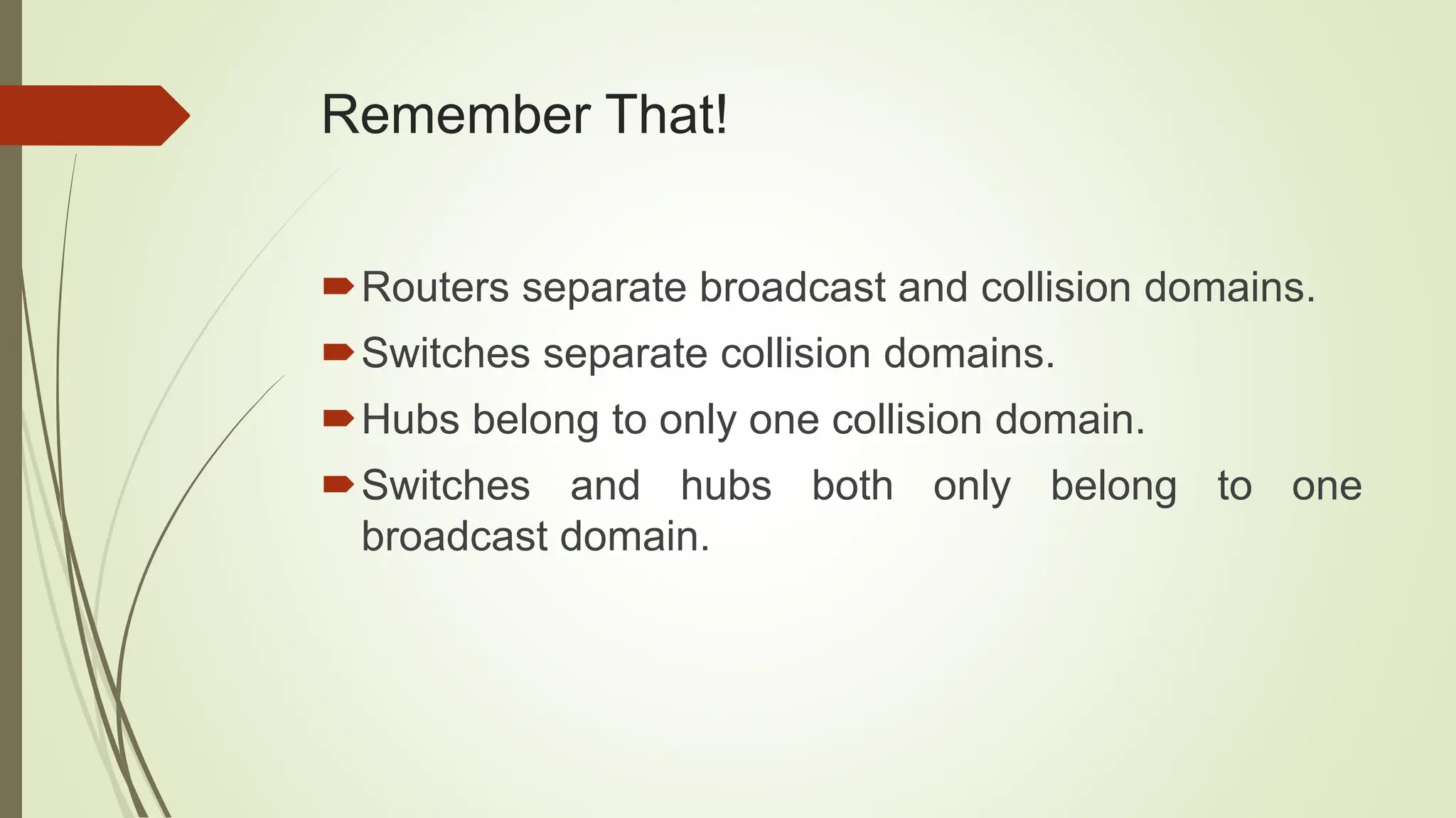 Remember That!
Routers separate broadcast and collision domains.
Switches separate collision domains.
Hubs belong to only one collision domain.
Switches and hubs both only belong to one
broadcast domain.
 
