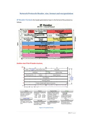 Network Protocols Header, size, format and encapsulation 
IP Header Format: this header generated at layer 3, the format of the protocol as 
follows. 
11 | P a g e 
Another view if the IP header structure, 
Figure 4. IP packet Format. 
 