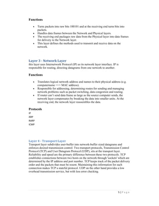 5 | P a g e 
Functions 
· Turns packets into raw bits 100101 and at the receiving end turns bits into 
packets. 
· Handles data frames between the Network and Physical layers. 
· The receiving end packages raw data from the Physical layer into data frames 
for delivery to the Network layer. 
· This layer defines the methods used to transmit and receive data on the 
network. 
Layer 3 - Network Layer 
this layer uses Internetwork Protocol (IP) as its network layer interface. IP is 
responsible for routing, directing datagrams from one network to another. 
Functions 
· Translates logical network address and names to their physical address (e.g. 
computername ==> MAC address). 
· Responsible for addressing, determining routes for sending and managing 
network problems such as packet switching, data congestion and routing. 
· If router can’t send data frame as large as the source computer sends, the 
network layer compensates by breaking the data into smaller units. At the 
receiving end, the network layer reassembles the data. 
Protocols 
IP 
ARP 
RARP 
ICMP 
Layer 4 - Transport Layer 
Transport layer subdivides user-buffer into network-buffer sized datagrams and 
enforces desired transmission control. Two transport protocols, Transmission Control 
Protocol (TCP) and User Datagram Protocol (UDP), sits at the transport layer. 
Reliability and speed are the primary difference between these two protocols. TCP 
establishes connections between two hosts on the network through 'sockets' which are 
determined by the IP address and port number. TCP keeps track of the packet delivery 
order and the packets that must be resent. Maintaining this information for each 
connection makes TCP a stateful protocol. UDP on the other hand provides a low 
overhead transmission service, but with less error checking. 
 