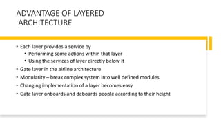 ADVANTAGE OF LAYERED
ARCHITECTURE
• Each layer provides a service by
• Performing some actions within that layer
• Using the services of layer directly below it
• Gate layer in the airline architecture
• Modularity – break complex system into well defined modules
• Changing implementation of a layer becomes easy
• Gate layer onboards and deboards people according to their height
 