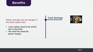 AS-I
Benefits
Power and data can be merged in
the same cable, then:
▪ Less cables need to be wired
out in the field
▪ No need for external
power supply
Cost Savings
 