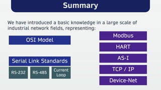 Summary
We have introduced a basic knowledge in a large scale of
industrial network fields, representing:
OSI Model
Serial Link Standards
AS-I
TCP / IP
HART
Modbus
Device-Net
RS-485
Current
Loop
RS-232
 