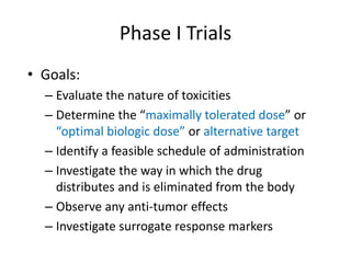 Phase I Trials
• Goals:
– Evaluate the nature of toxicities
– Determine the “maximally tolerated dose” or
“optimal biologic dose” or alternative target
– Identify a feasible schedule of administration
– Investigate the way in which the drug
distributes and is eliminated from the body
– Observe any anti-tumor effects
– Investigate surrogate response markers
 