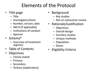 Elements of the Protocol
• Title page
– Title
– Investigators/team
– Number, version, date
– IND # (if applicable)
– Institutions of conduct
– Sponsor
• Schema*
– Overview of treatment
regimen
• Table of Contents
• Objectives
– Clearly stated
– Primary
– Secondary
– Tertiary (exploratory)
• Background
– Key studies
– Not an exhaustive review
• Rationale/Justification
– Objectives
– Overall design
– Ancillary studies
– Unique methods
– Population
– Doses
• Eligibility Criteria
 